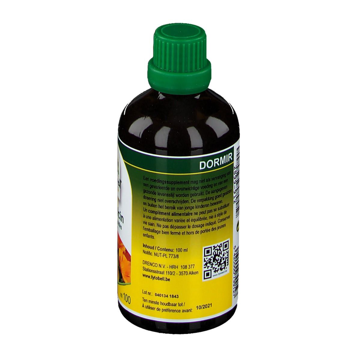 Vue arrière d'une bouteille de liquide brun avec bouchon vert. Étiquette avec texte.