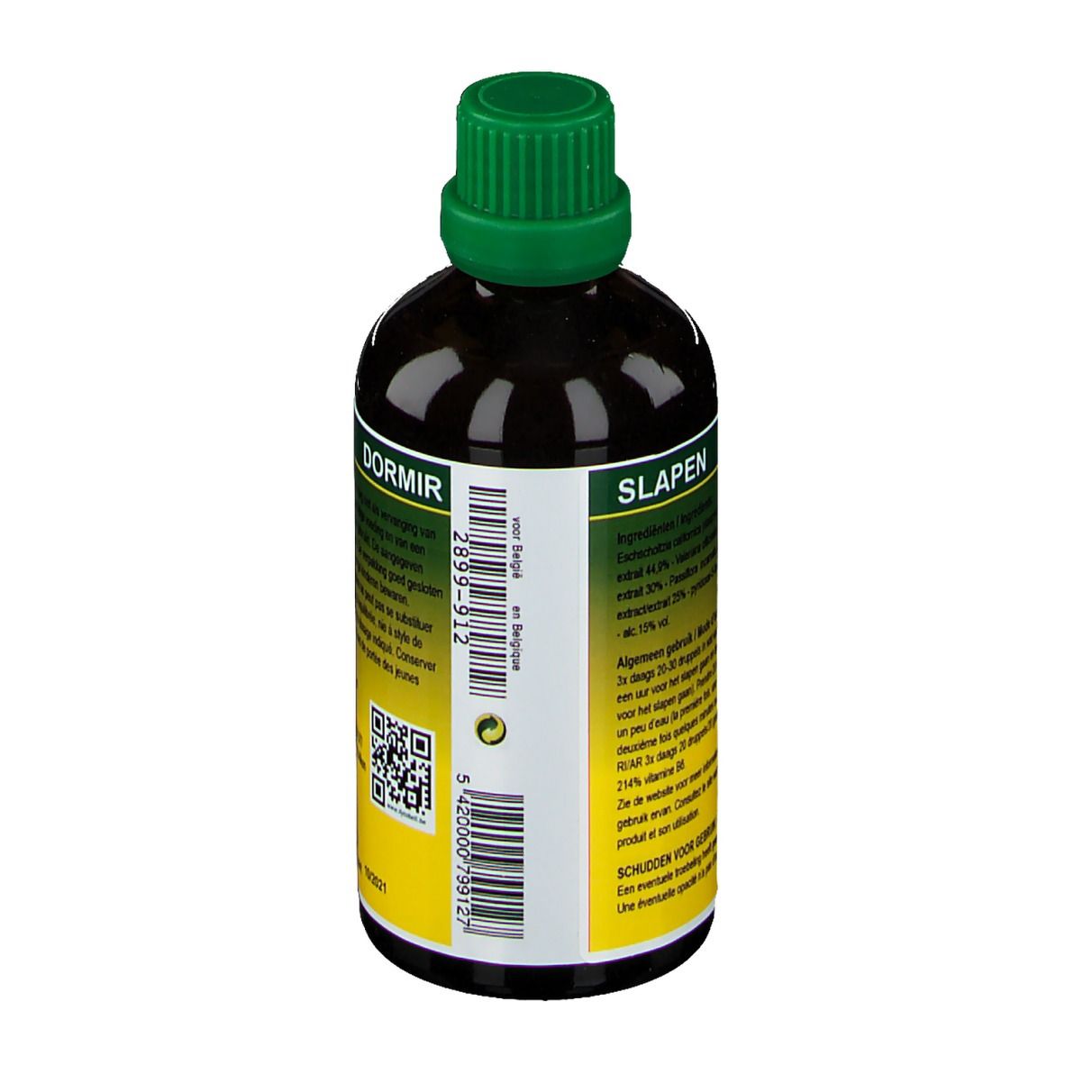 Vue arrière d'une bouteille de liquide brun avec bouchon vert. Étiquette avec texte.