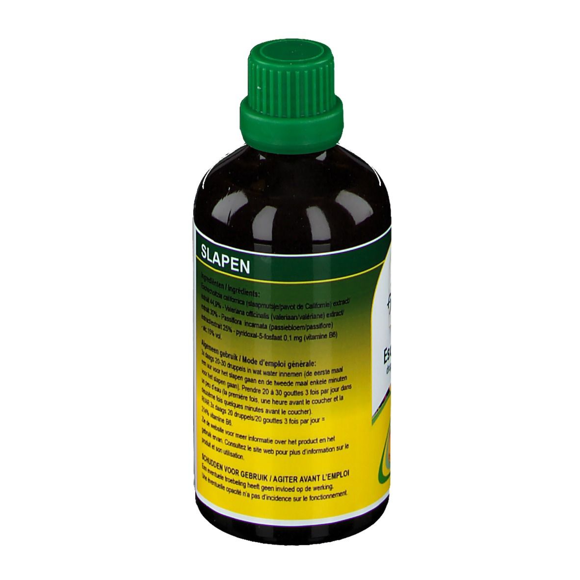 Vue arrière d'une bouteille de liquide brun avec bouchon vert. Étiquette avec texte.