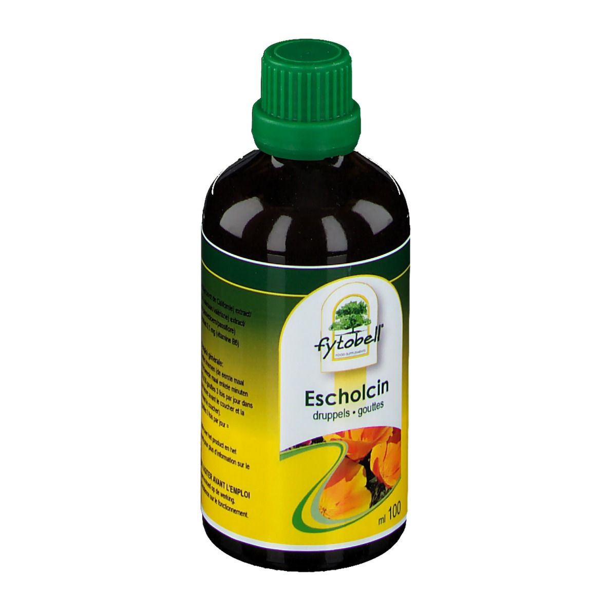 Vue de face d'une bouteille de liquide brun avec bouchon vert. Étiquette avec nom du produit.