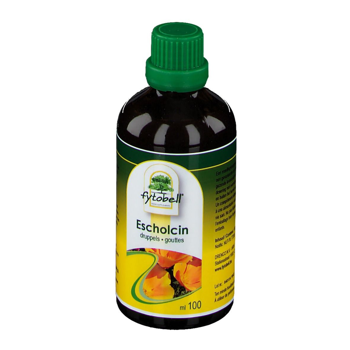 Vue de face d'une bouteille de liquide brun avec bouchon vert. Étiquette avec nom du produit.