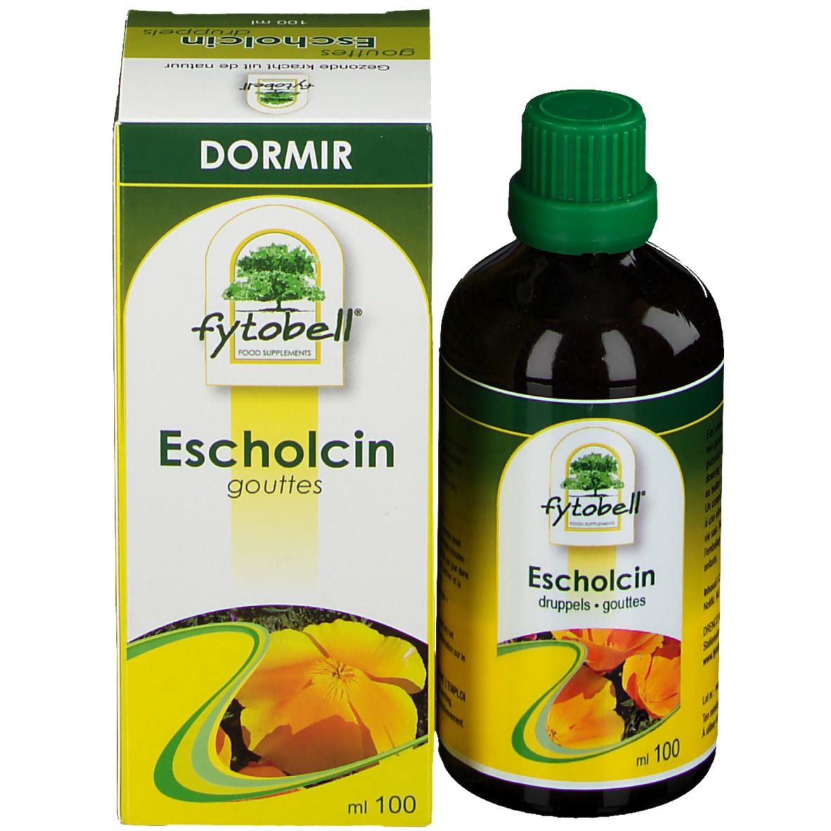 Bouteille et boîte. Bouteille de liquide brun, bouchon vert. Boîte avec nom du produit.