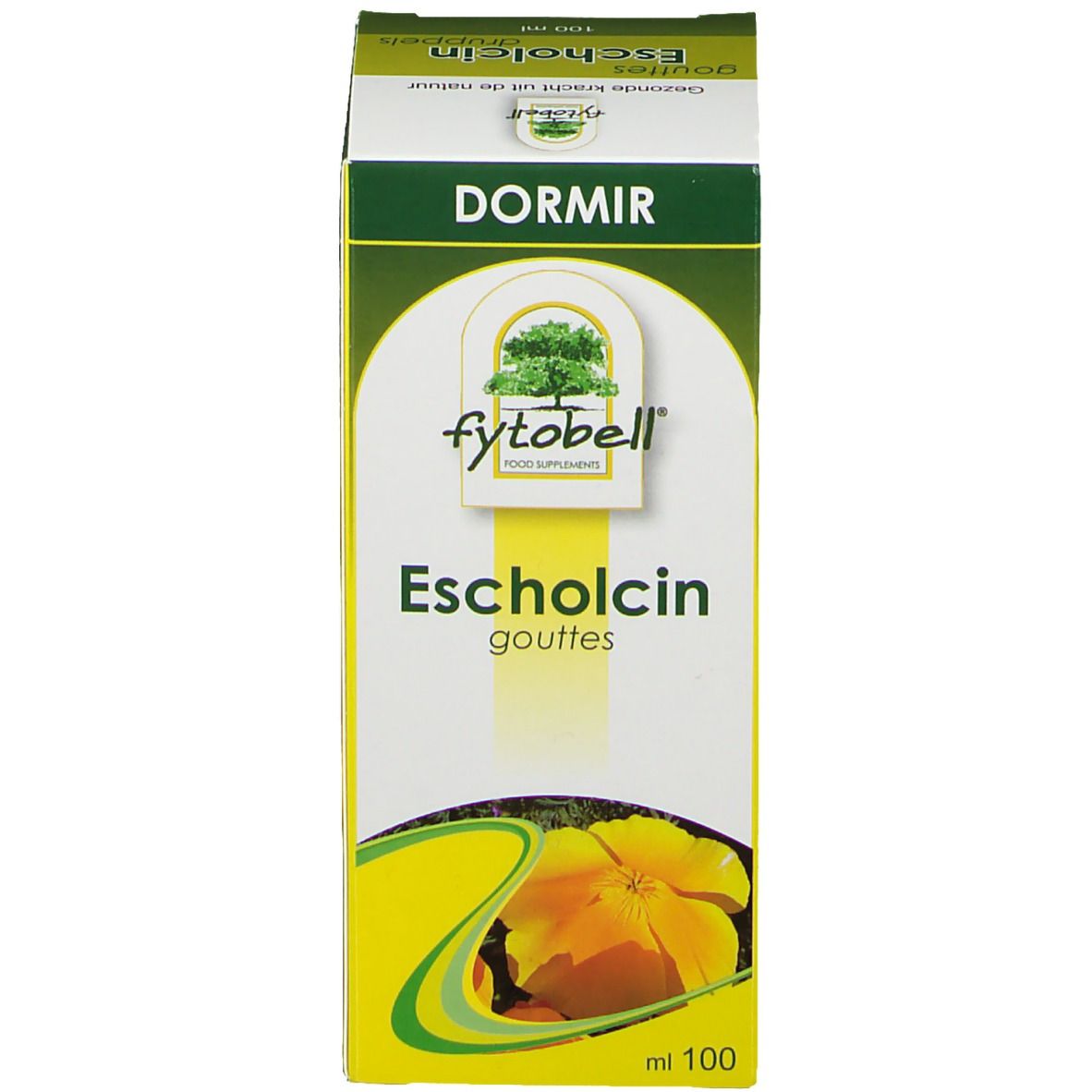 Boîte avec nom du produit et logo. Bouteille de liquide brun, bouchon vert.