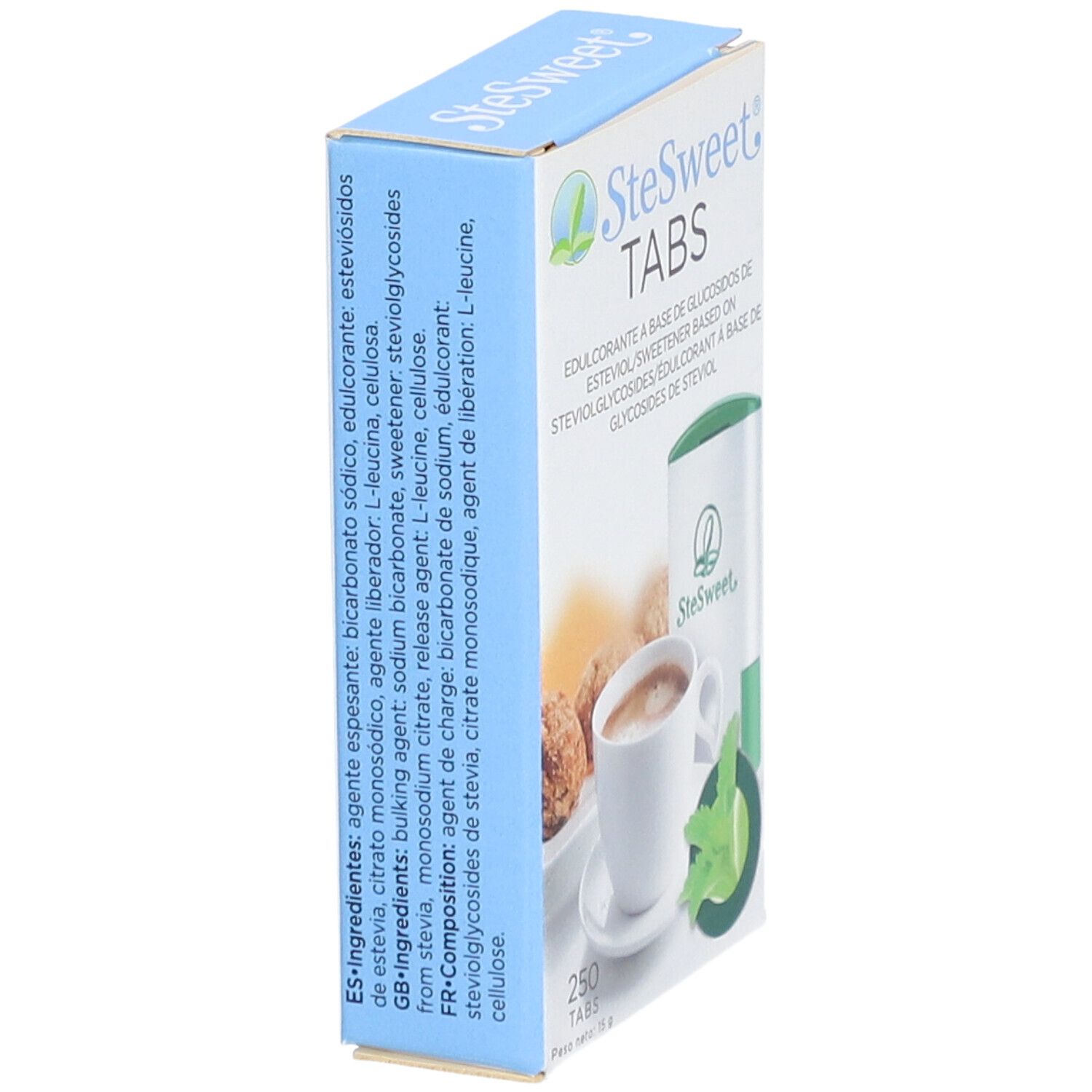 SteSweet Tabs-verpakking, schuin. Opschrift: 250 tabletten. Ingrediëntenlijst op de zijkant.