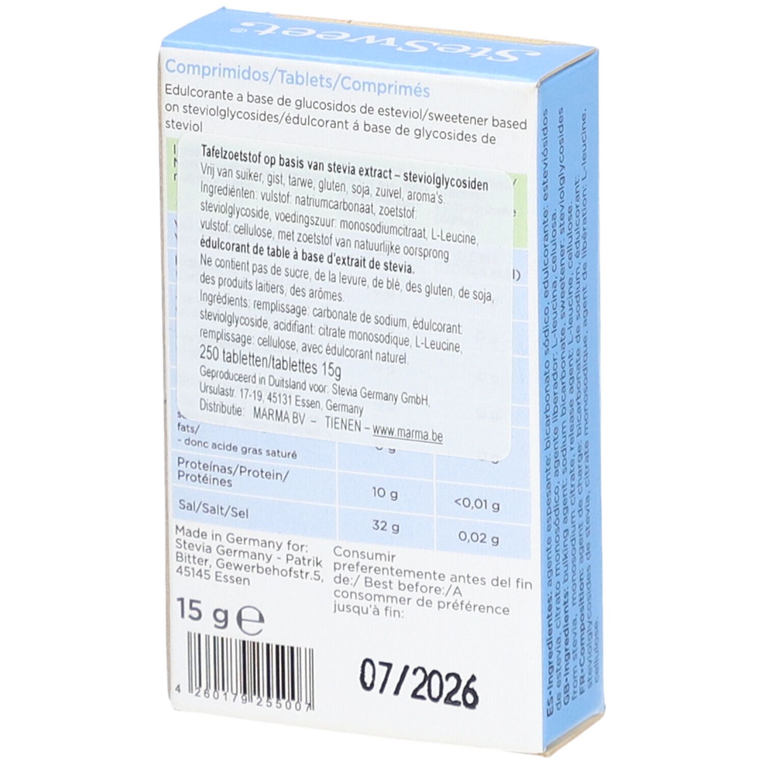 Achterkant van de SteSweet Tabs-verpakking. Tekst: ingrediënten, voedingswaarden, houdbaarheidsdatum.