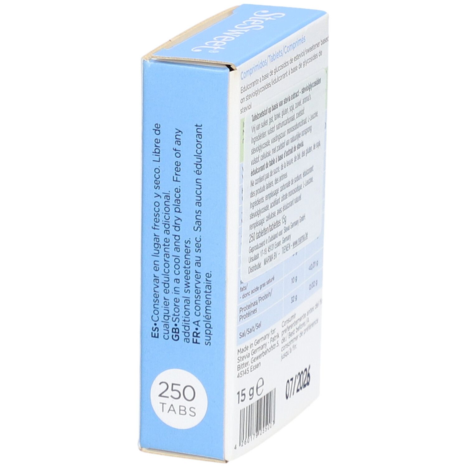 SteSweet Tabs-verpakking, schuin. Opschrift: 250 tabletten, houdbaarheidsdatum. Tekst: Koel en droog bewaren.