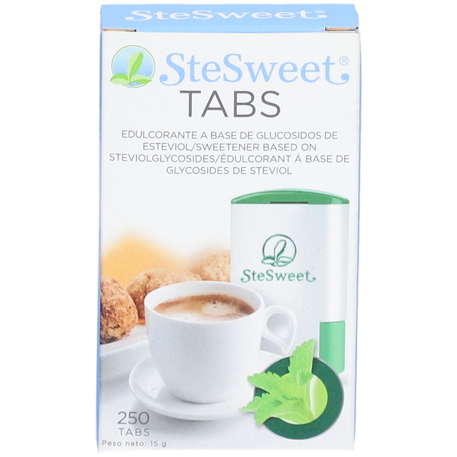 SteSweet Tabs-verpakking. Opschrift: 250 tabletten. Afbeelding: kopje koffie, stevia-blad, tablettendispenser.