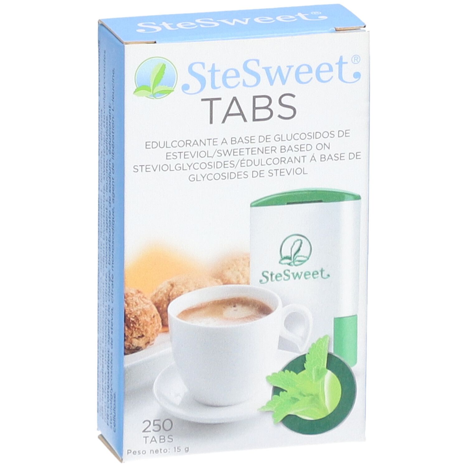 SteSweet Tabs-verpakking. Opschrift: 250 tabletten. Afbeelding: kopje koffie, stevia-blad, tablettendispenser.