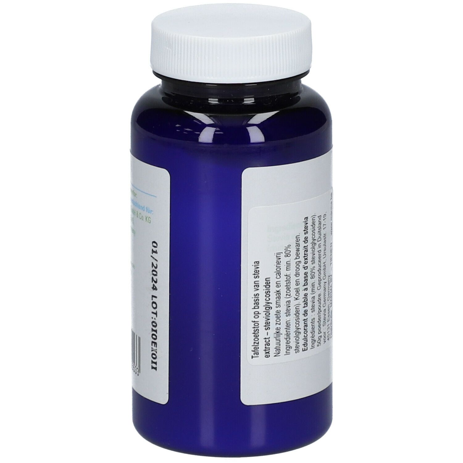 Blaue Flasche mit weißem Deckel. Etikett mit Text in mehreren Sprachen. Enthält Stevia-Extrakt.