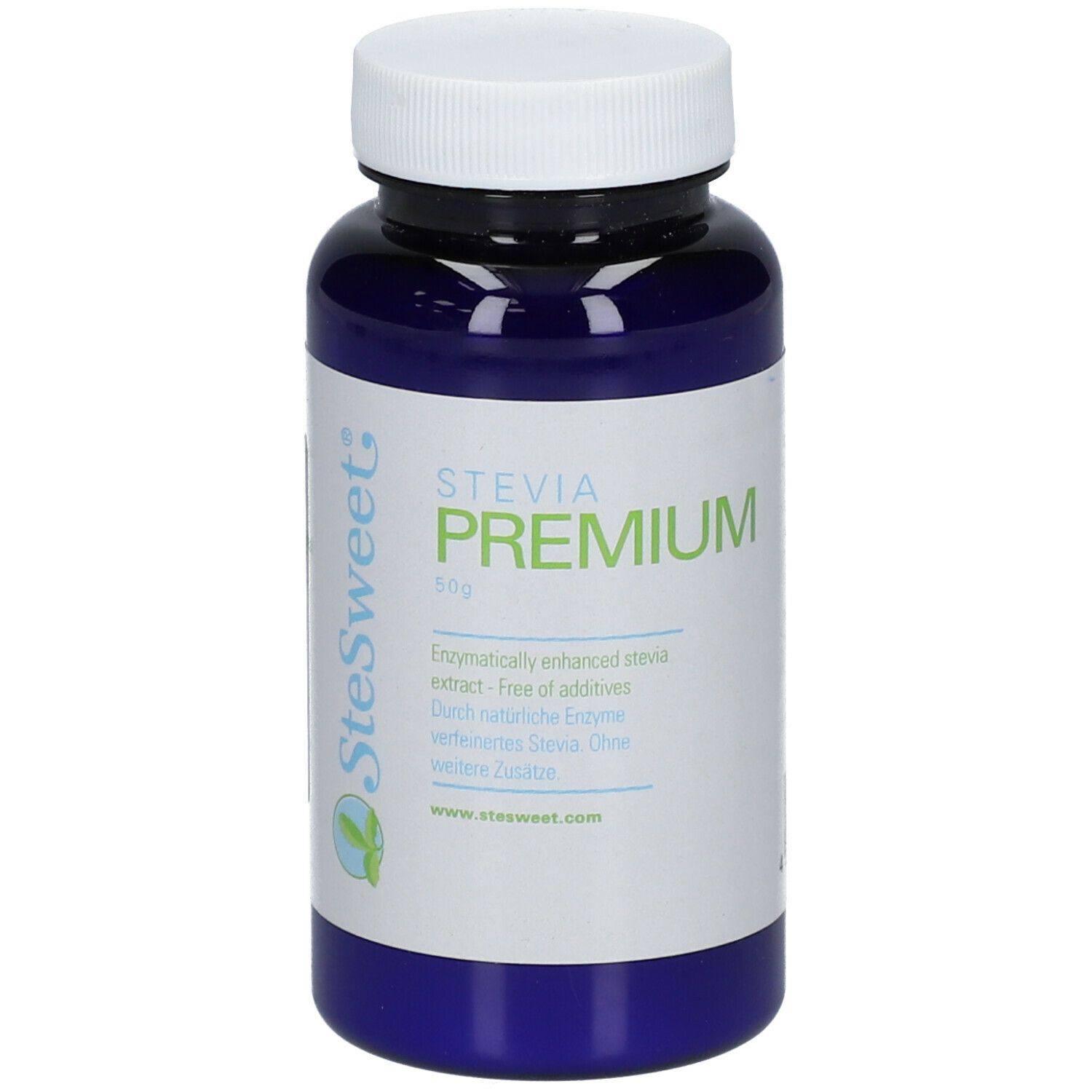 Blaue Flasche mit weißem Deckel. Aufschrift "Stevia Premium". Enthält 60g. Text in Grün und Weiß.