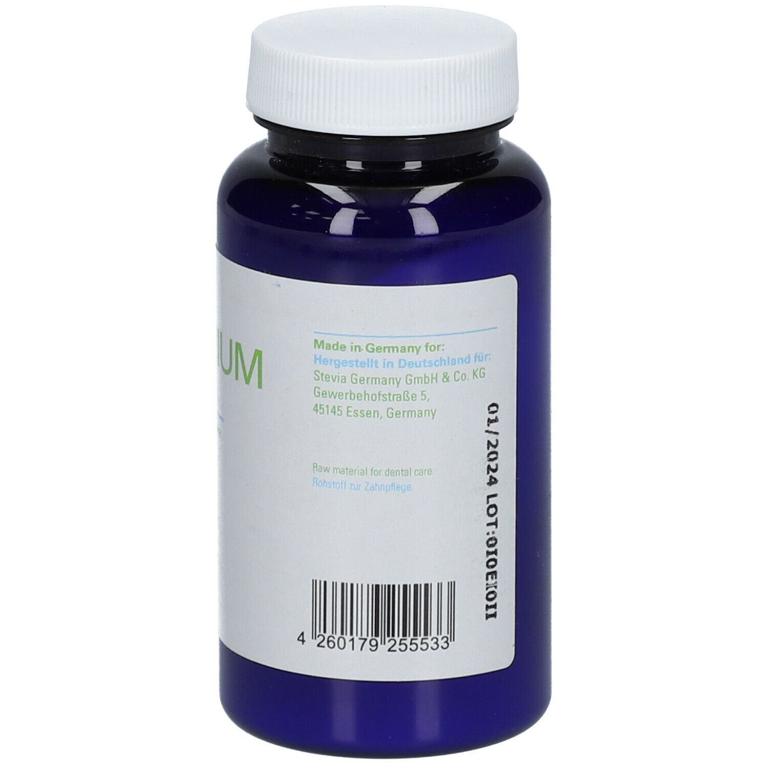 Blaue Flasche mit weißem Deckel. Etikett mit Text in mehreren Sprachen. Enthält Stevia-Extrakt.