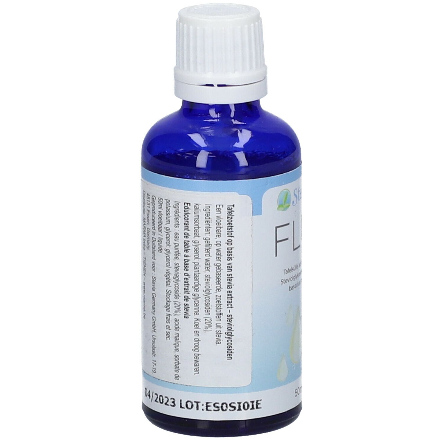 Achterkant van de blauwe glazen fles. Ingrediëntenlijst en andere informatie. Met witte dop.