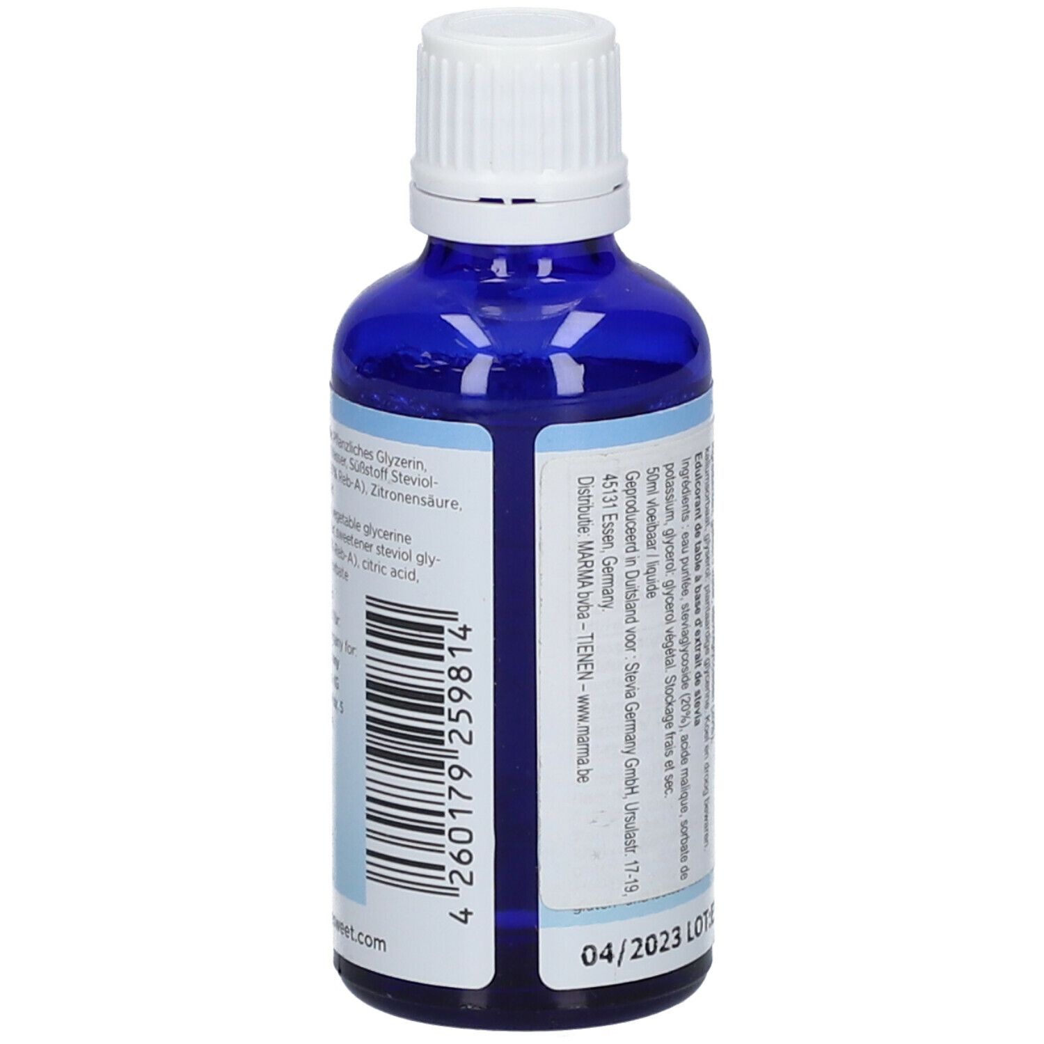 Achterkant van de blauwe glazen fles. Barcode en andere informatie. Met witte dop.