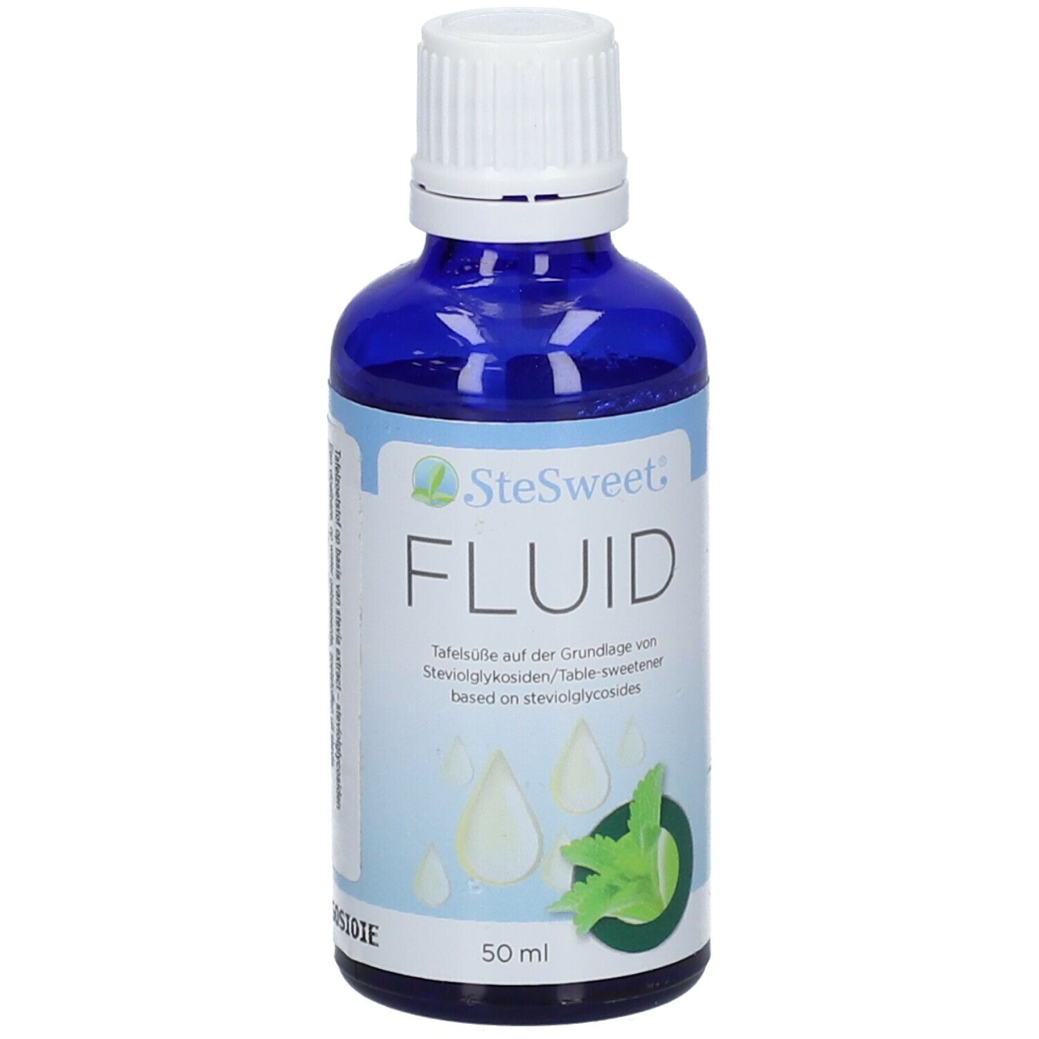 Blauwe glazen fles met witte dop. Opschrift SteSweet Fluid. Bevat Steviolglycosiden. 50 ml.