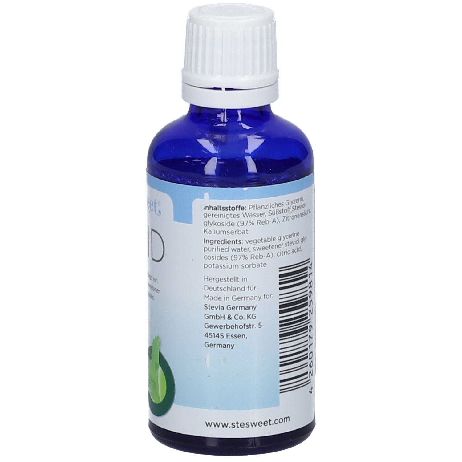 Achterkant van de blauwe glazen fles. Ingrediëntenlijst en andere informatie. Met witte dop.