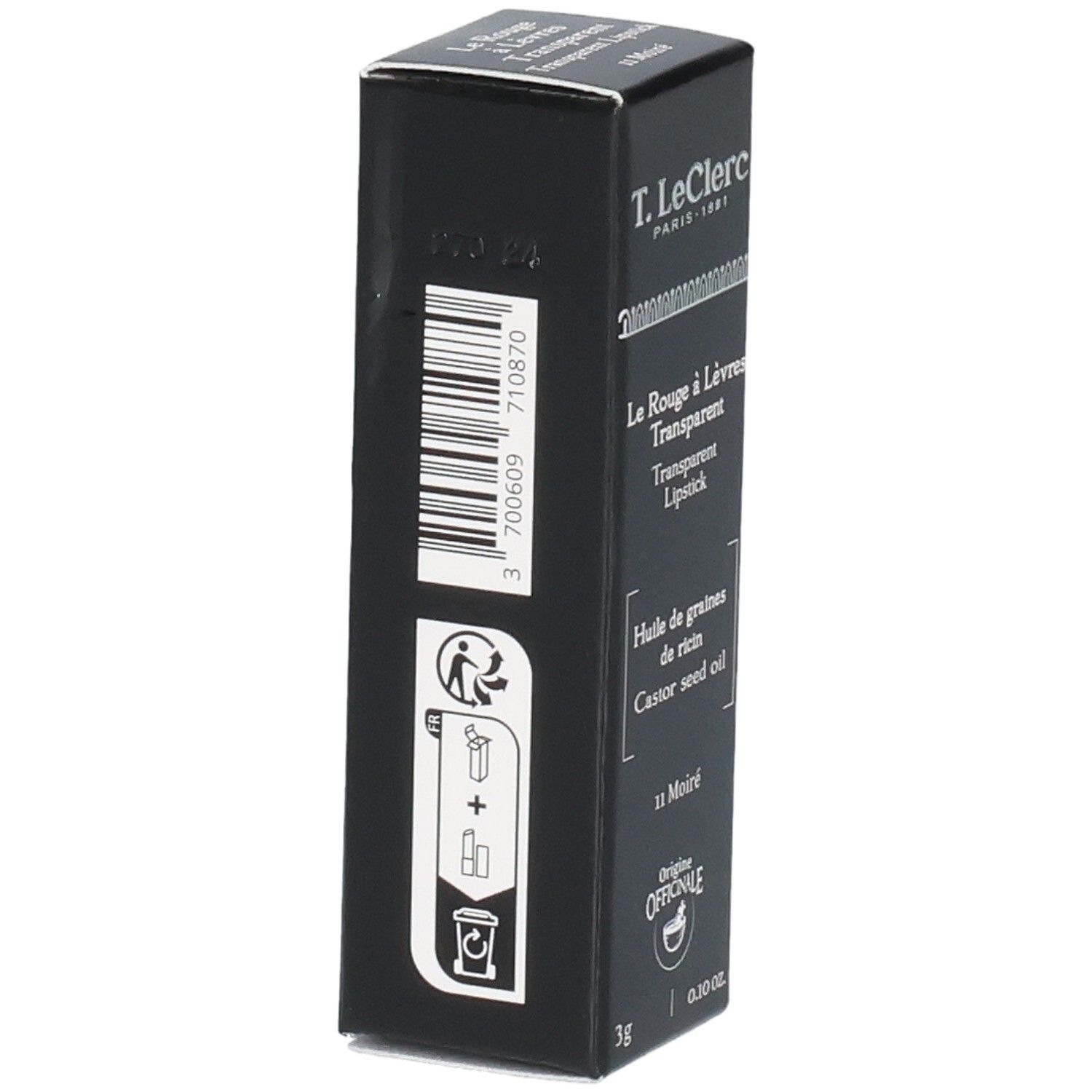 Schwarze Verpackung mit Barcode und Piktogrammen. Marke T.LeClerc. 3g, 0.10 oz.