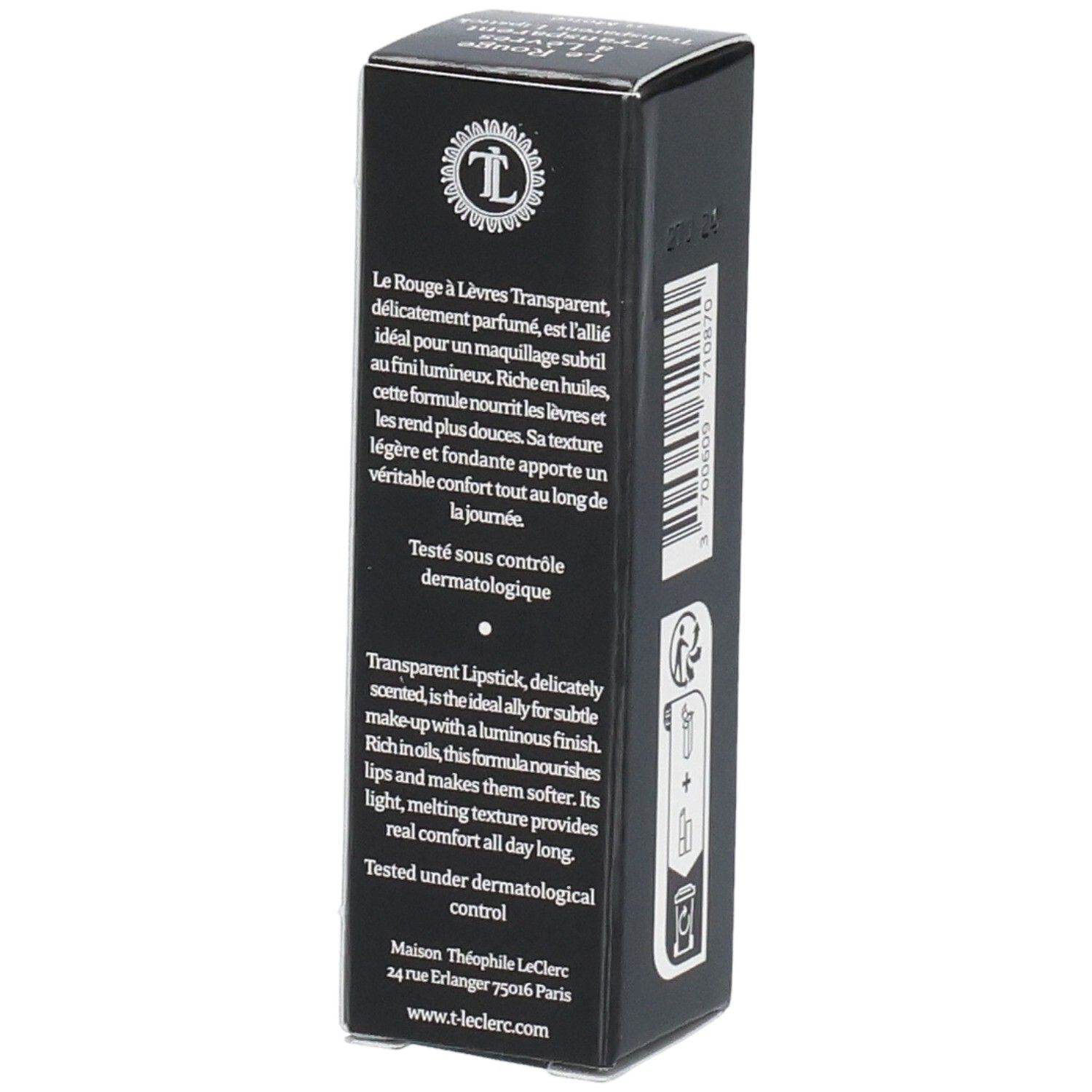 Schwarze Verpackung mit Produktbeschreibung. Marke T.LeClerc. 3g, 0.10 oz.