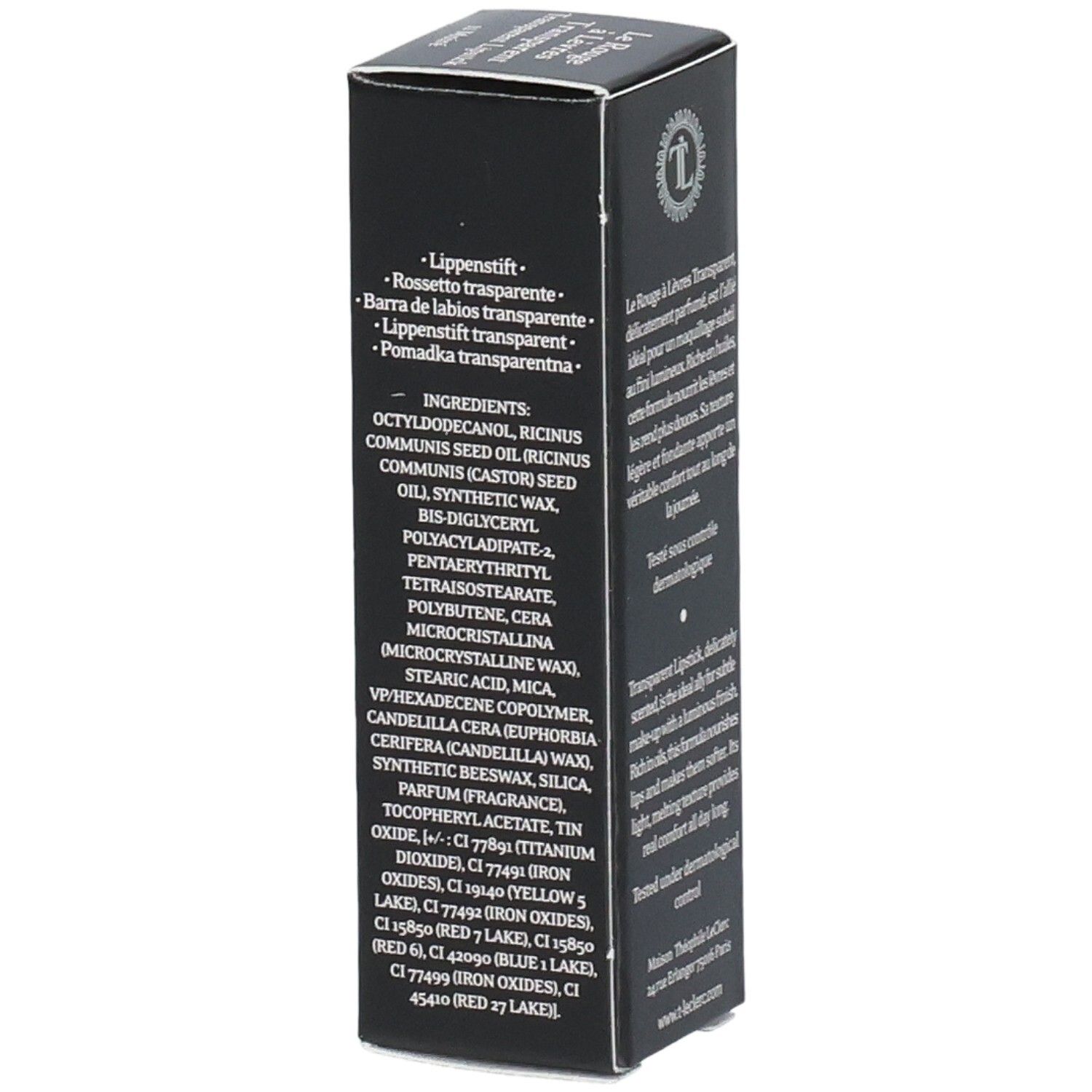 Schwarze Verpackung mit Inhaltsstoffen. Marke T.LeClerc. 3g, 0.10 oz.