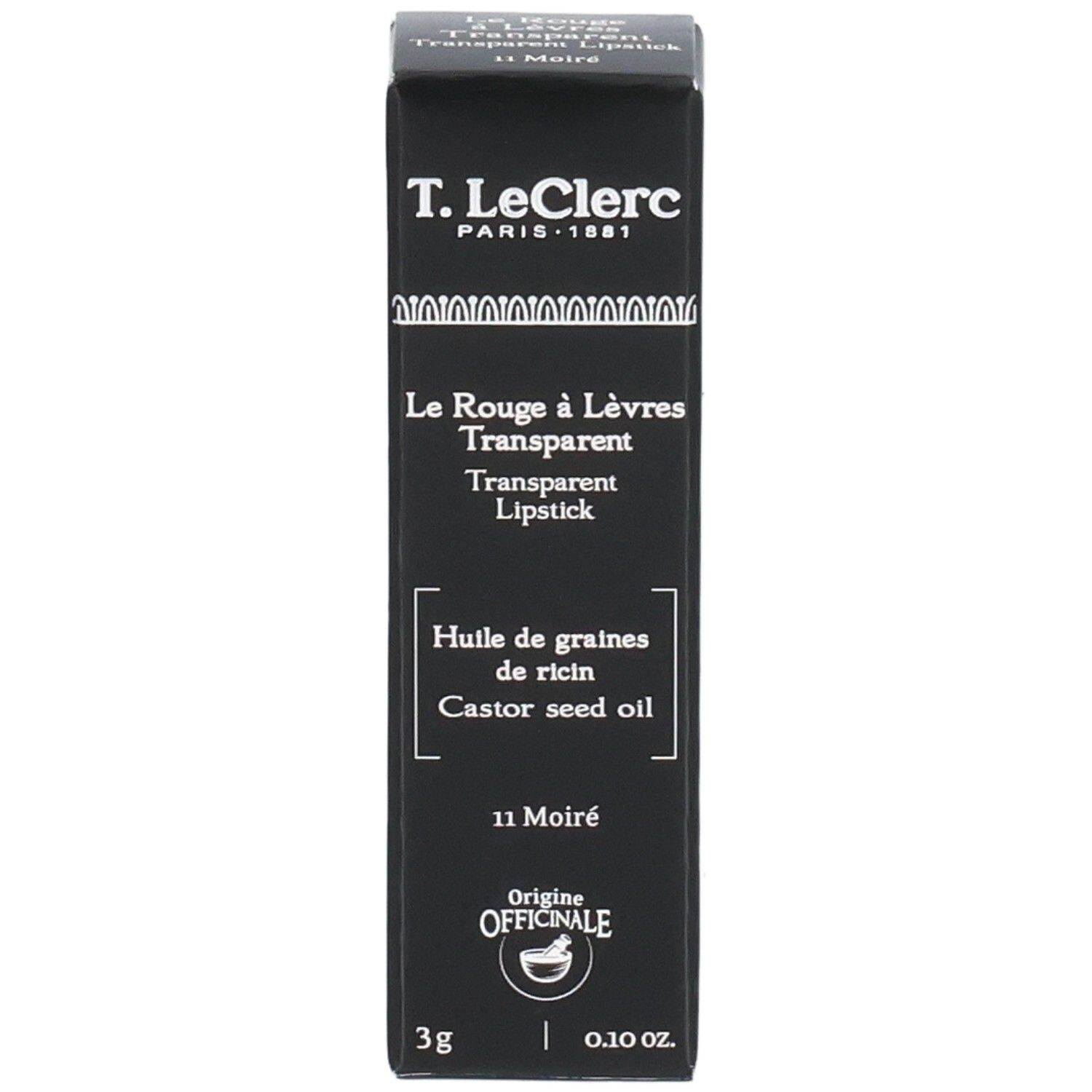 Schwarze Verpackung mit Produktnamen. Marke T.LeClerc. 3g, 0.10 oz.