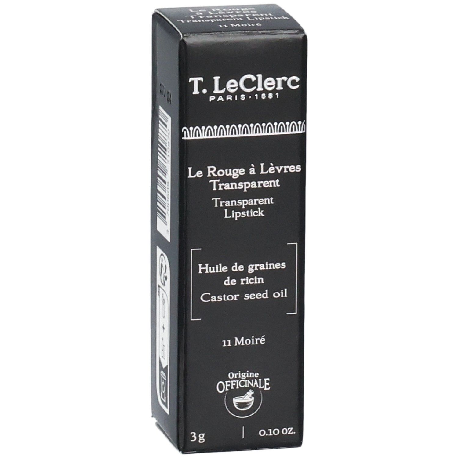 Schwarze Verpackung mit Produktnamen. Marke T.LeClerc. 3g, 0.10 oz.