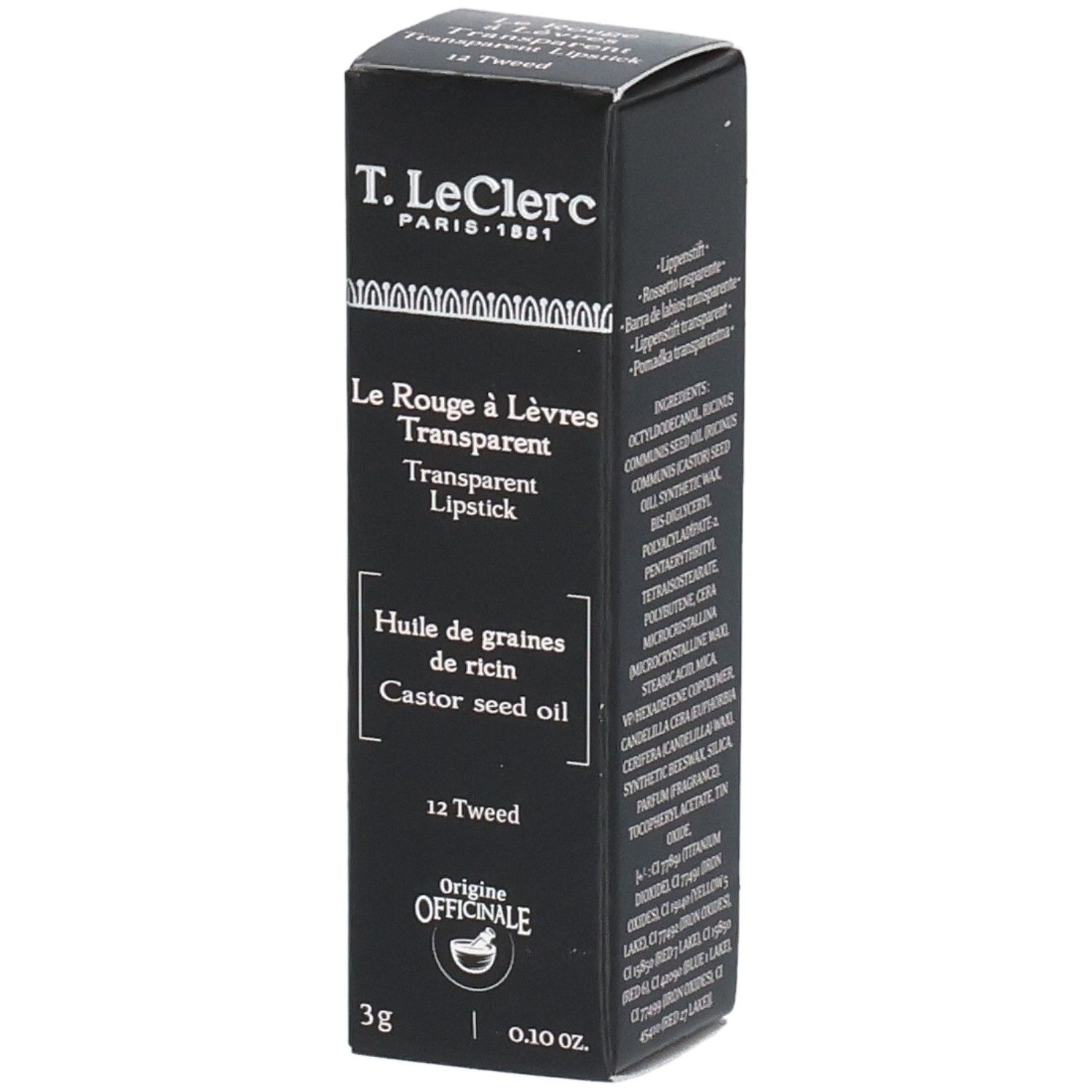 Schwarze Verpackung von T.LeClerc Transparent Lipstick. Text: Le Rouge à Lèvres Transparent, Huile de graines de ricin, 12 Tweed, 3g.