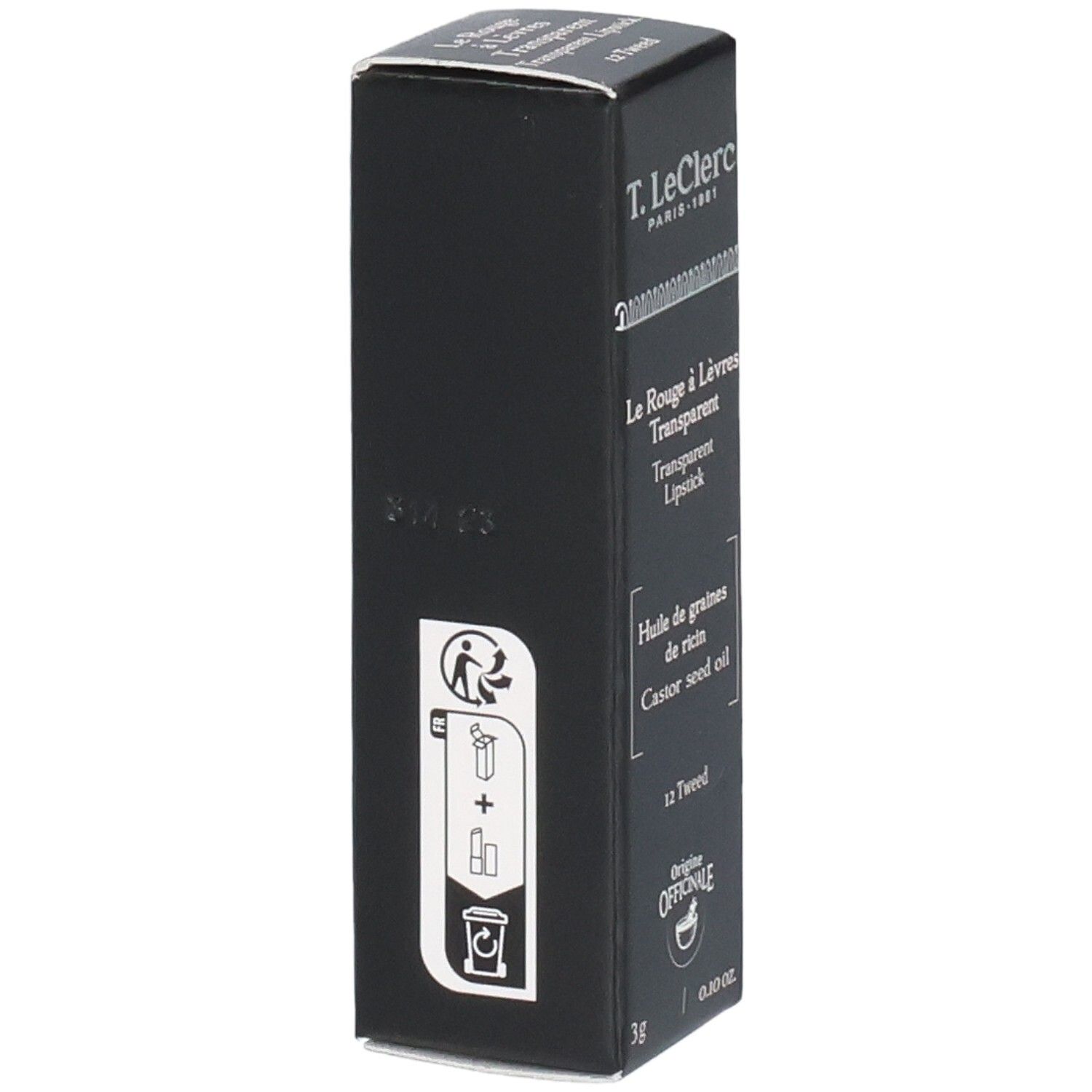 Schwarze Verpackung von T.LeClerc Transparent Lipstick. Aufdrucke: Recycling-Symbol, Inhaltsstoffe, 3g, 0.10 oz.