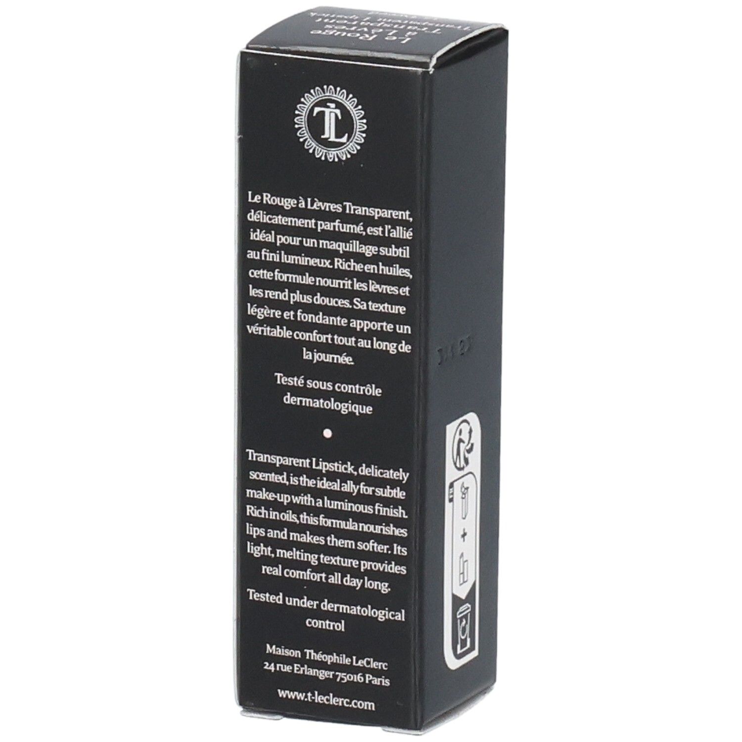Schwarze Verpackung von T.LeClerc Transparent Lipstick. Text: Le Rouge à Lèvres Transparent, Inhaltsstoffe, Maison Théophile LeClerc.