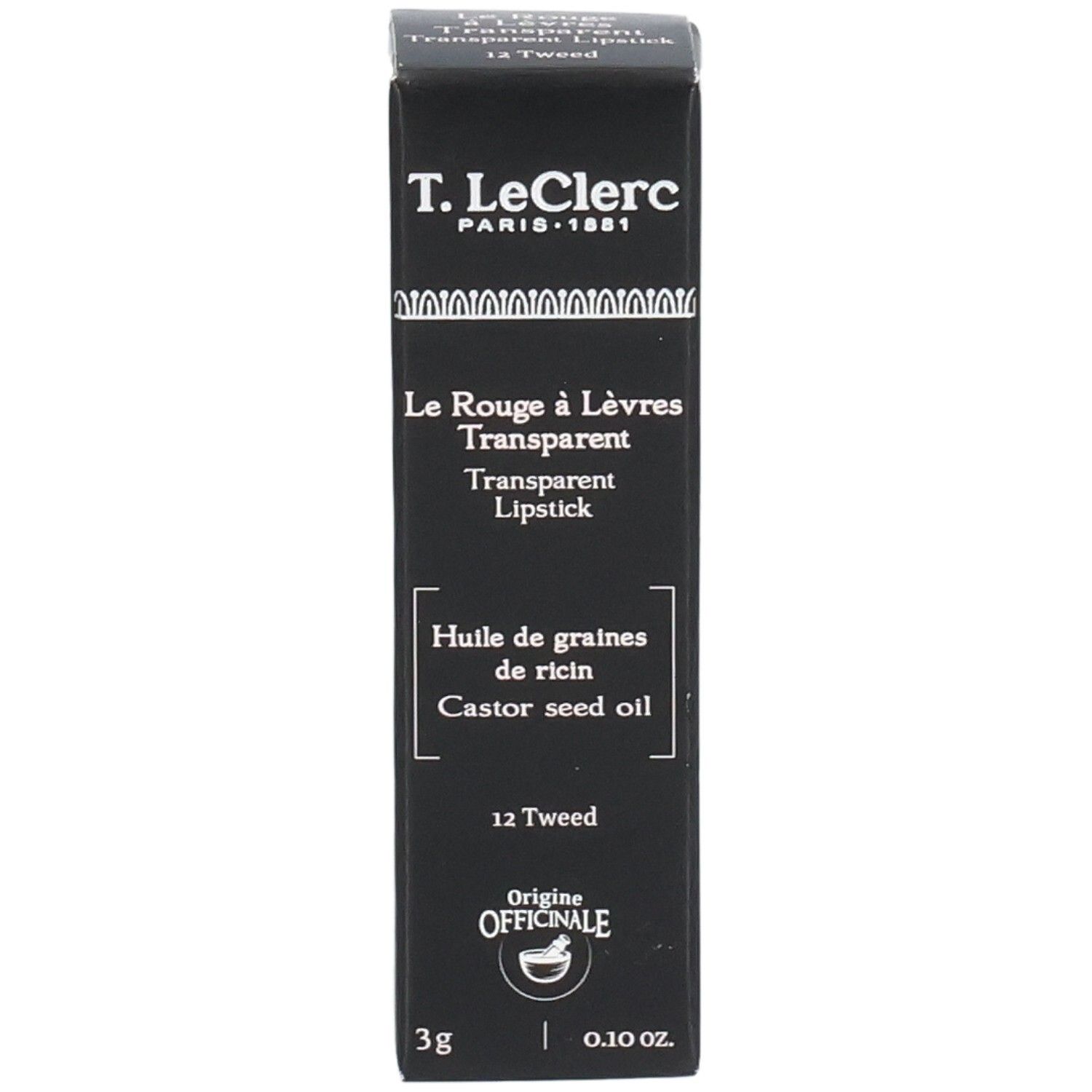 Schwarze Verpackung von T.LeClerc Transparent Lipstick. Text: Le Rouge à Lèvres Transparent, Huile de graines de ricin, 12 Tweed, 3g.