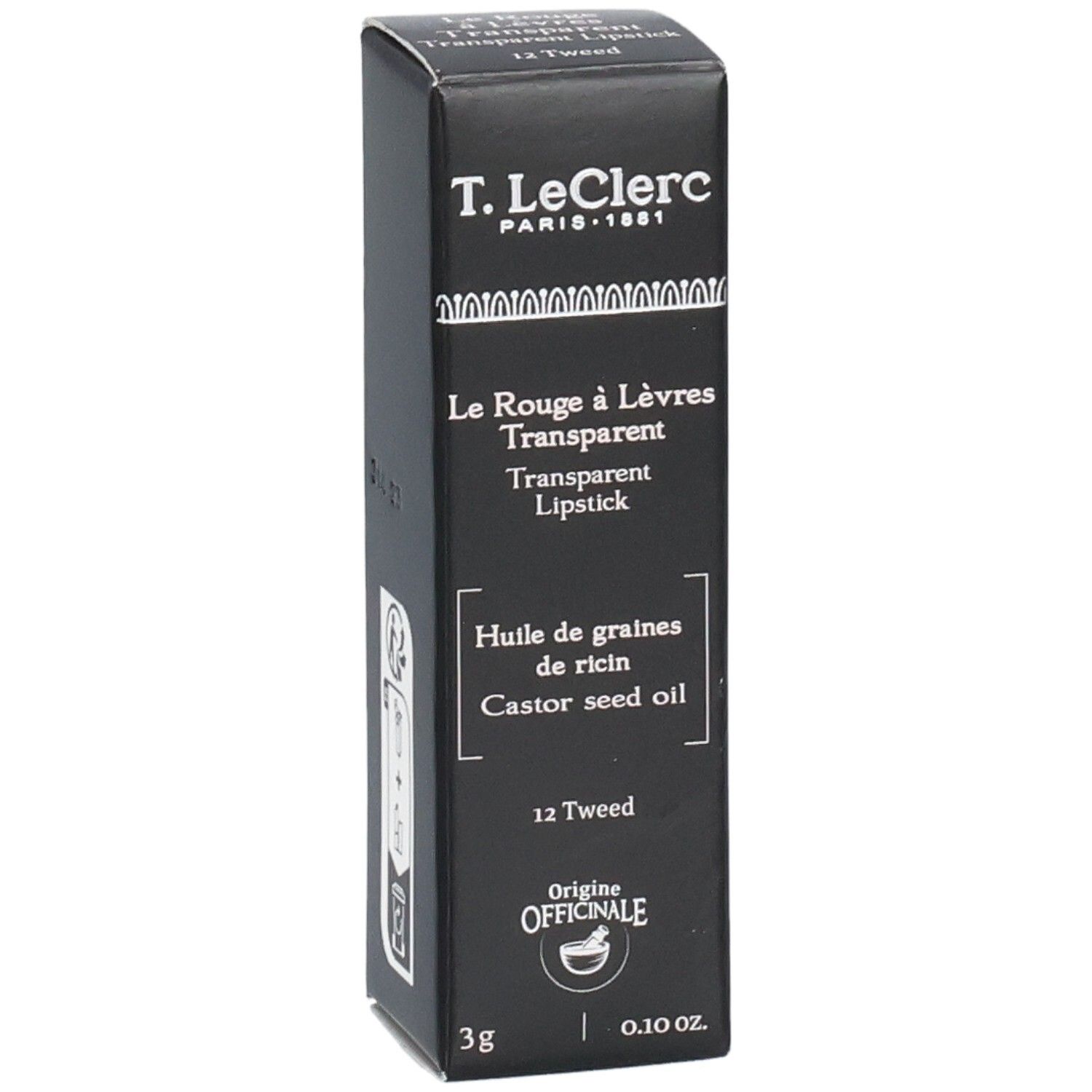 Schwarze Verpackung von T.LeClerc Transparent Lipstick. Text: Le Rouge à Lèvres Transparent, Huile de graines de ricin, 12 Tweed, 3g.