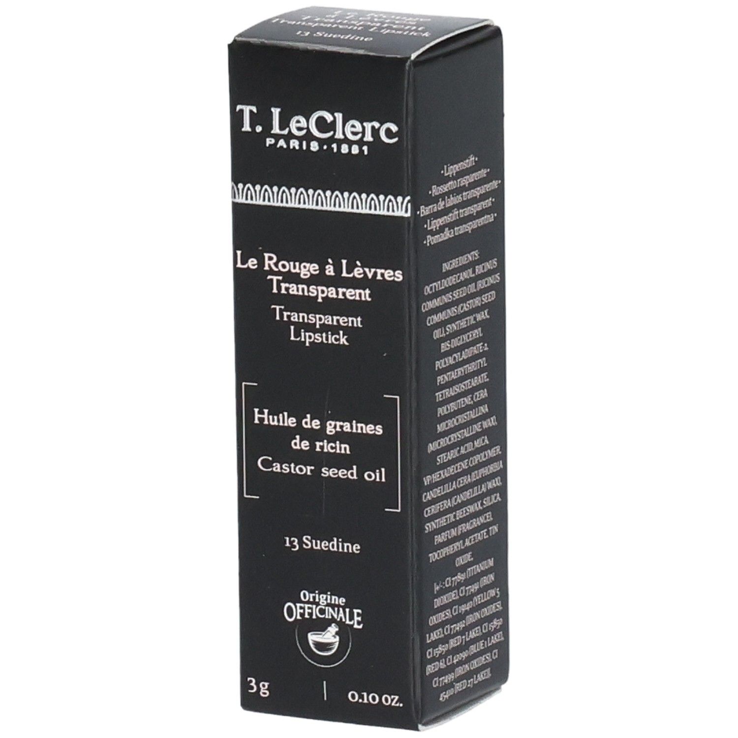 Schwarze Verpackung mit Produktinformationen. Enthält Text: T.LeClerc, Le Rouge à Lèvres Transparent, 13 Suedine, 3g.