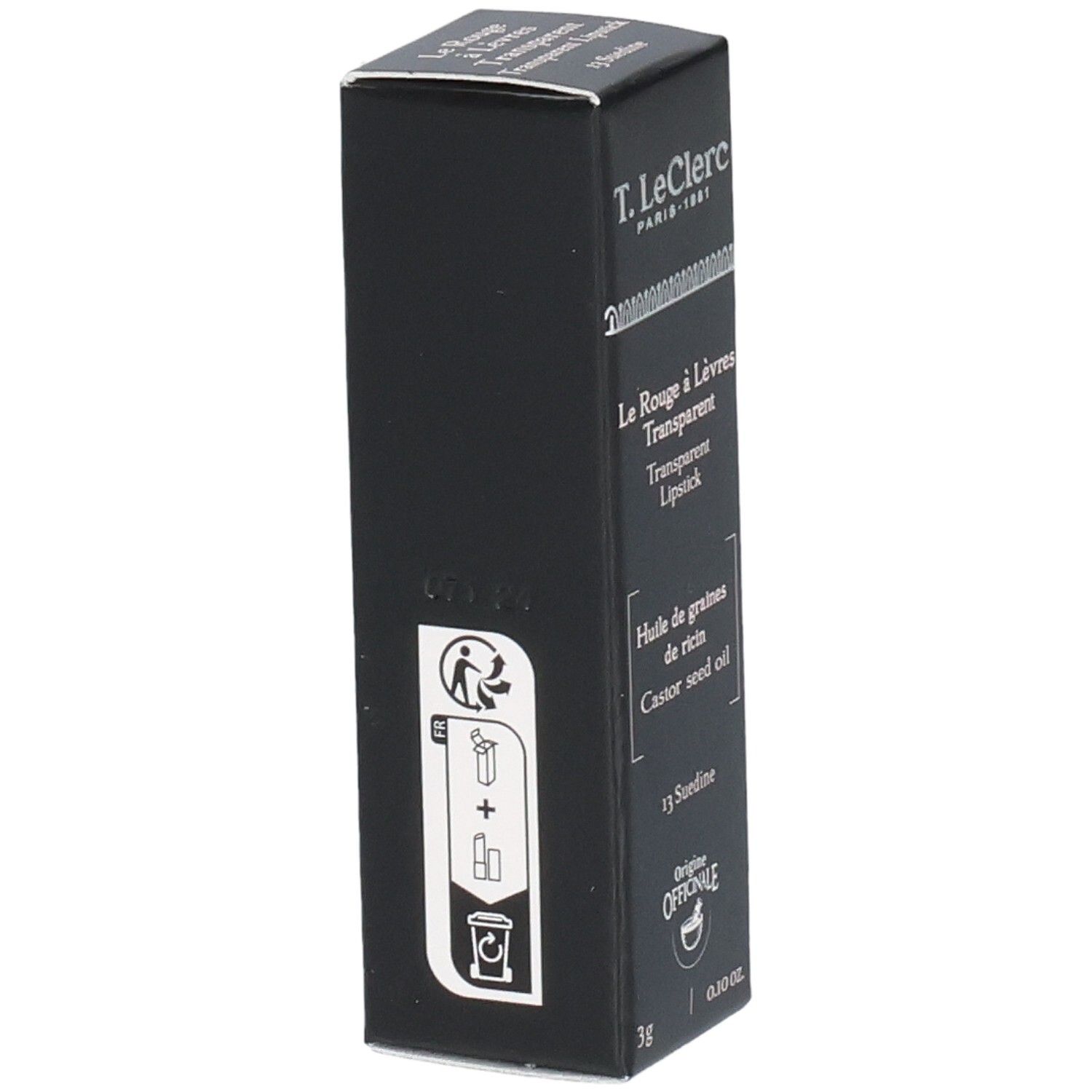 Schwarze Verpackung mit Produktinformationen. Enthält Text: T.LeClerc, Le Rouge à Lèvres Transparent, 13 Suedine, 3g.