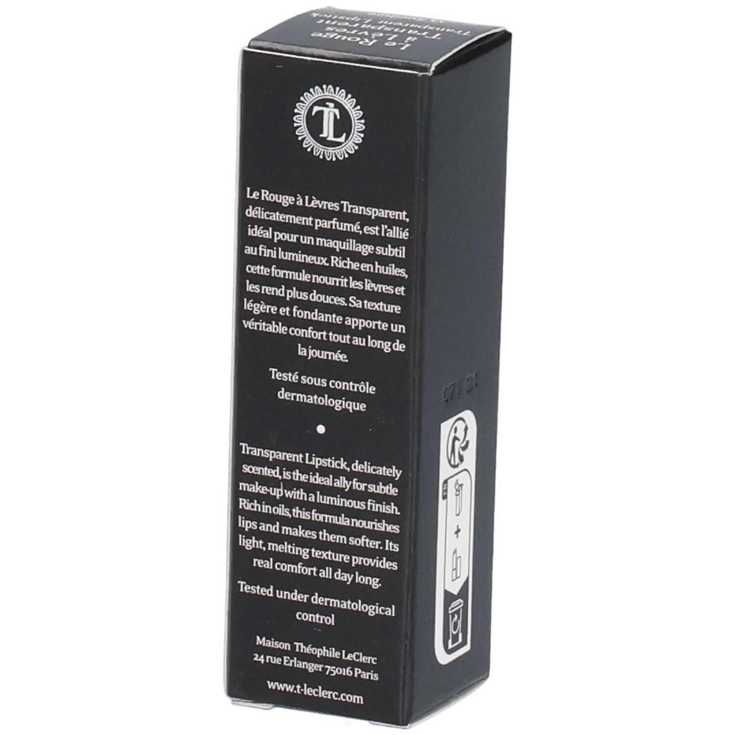 Schwarze Verpackung mit Text. Enthält Text: Le Rouge à Lèvres Transparent, Maison Théophile LeClerc, 24 rue Erlanger 75016 Paris.