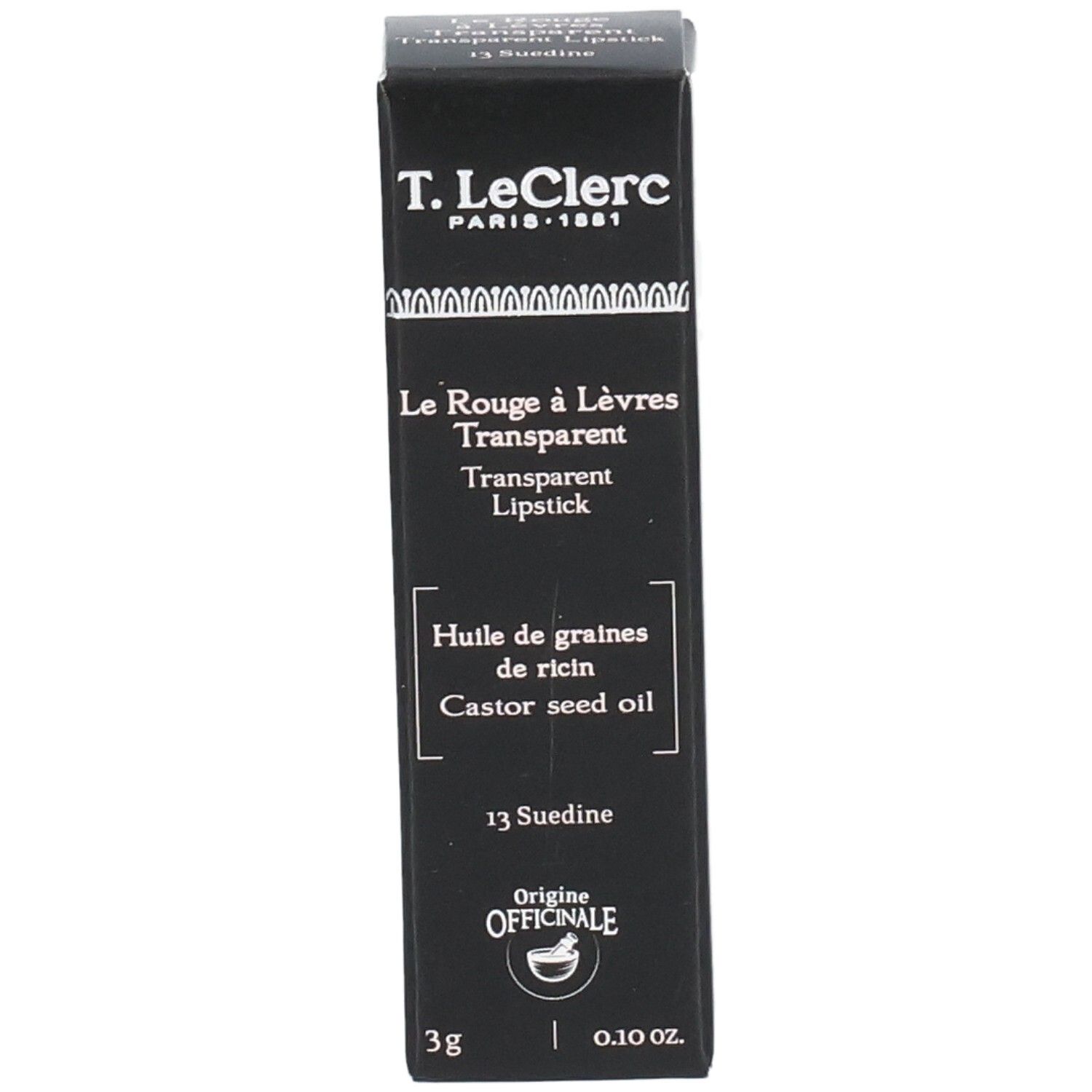 Schwarze Verpackung mit Produktinformationen. Enthält Text: T.LeClerc, Le Rouge à Lèvres Transparent, 13 Suedine, 3g.
