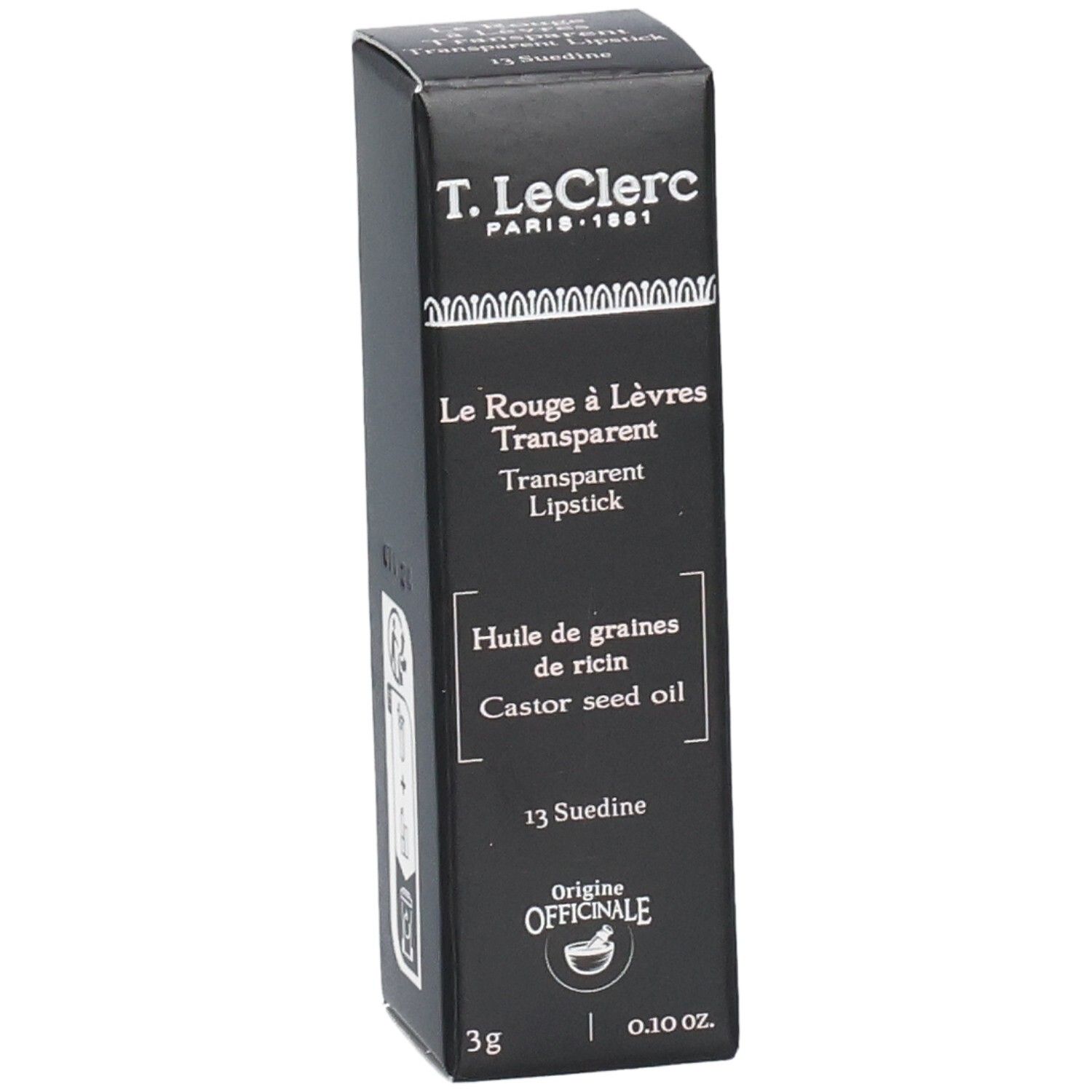 Schwarze Verpackung mit Produktinformationen. Enthält Text: T.LeClerc, Le Rouge à Lèvres Transparent, 13 Suedine, 3g.