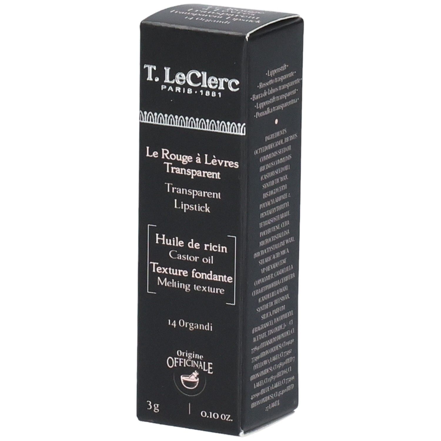 Schwarze Verpackung mit Text. Enthält: Transparent Lipstick, Ricinusöl, 14 Organdi. Marke: T. LeClerc.