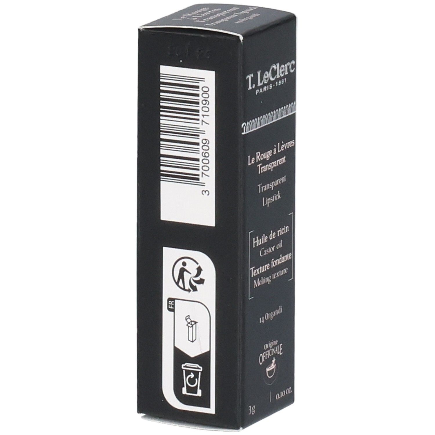 Schwarze Verpackung mit Text und Barcode. Enthält: Transparent Lipstick, Ricinusöl, 14 Organdi. Marke: T. LeClerc.