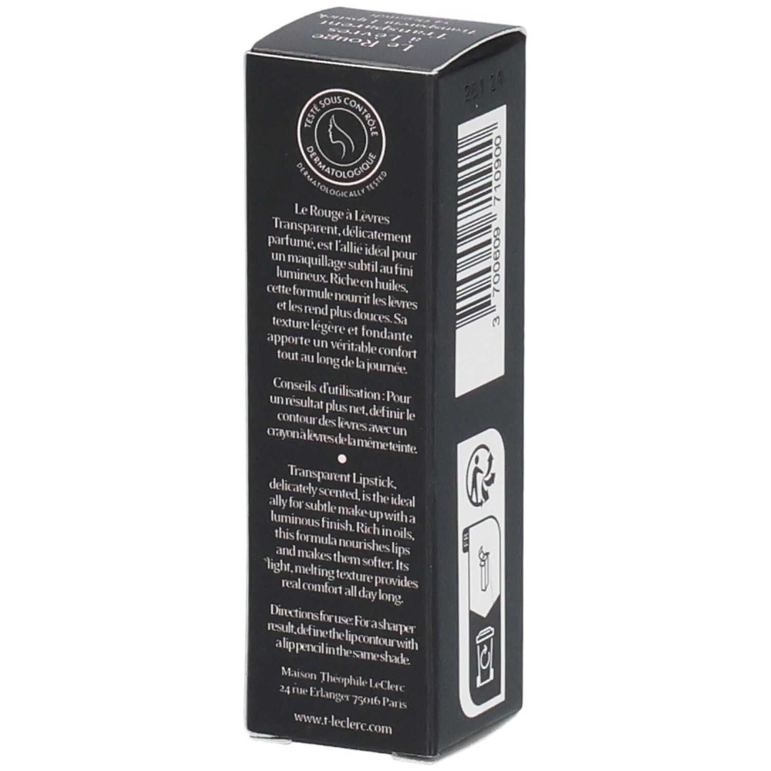 Schwarze Verpackung mit Text. Enthält: Transparent Lipstick, Inhaltsstoffe. Marke: T. LeClerc.