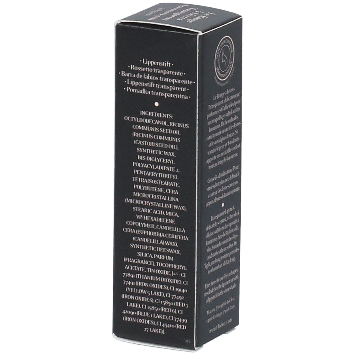 Schwarze Verpackung mit Text. Enthält: Transparent Lipstick, Inhaltsstoffe. Marke: T. LeClerc.