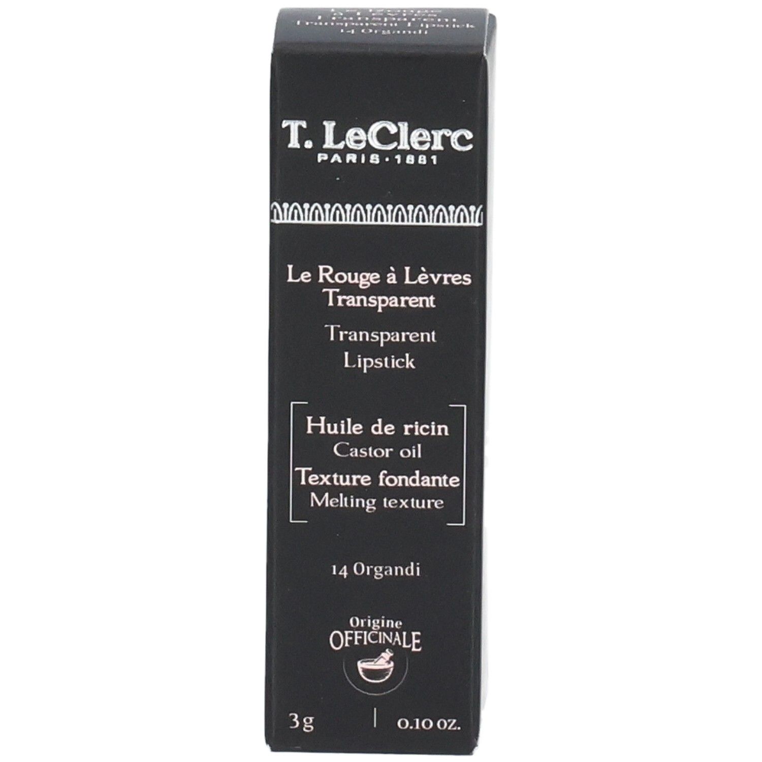 Schwarze Verpackung mit Text. Enthält: Transparent Lipstick, Ricinusöl, 14 Organdi. Marke: T. LeClerc.