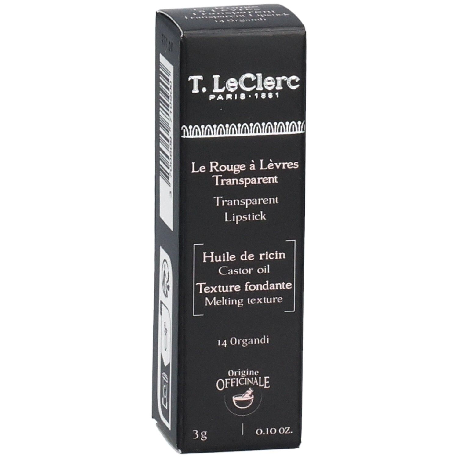 Schwarze Verpackung mit Text. Enthält: Transparent Lipstick, Ricinusöl, 14 Organdi. Marke: T. LeClerc.