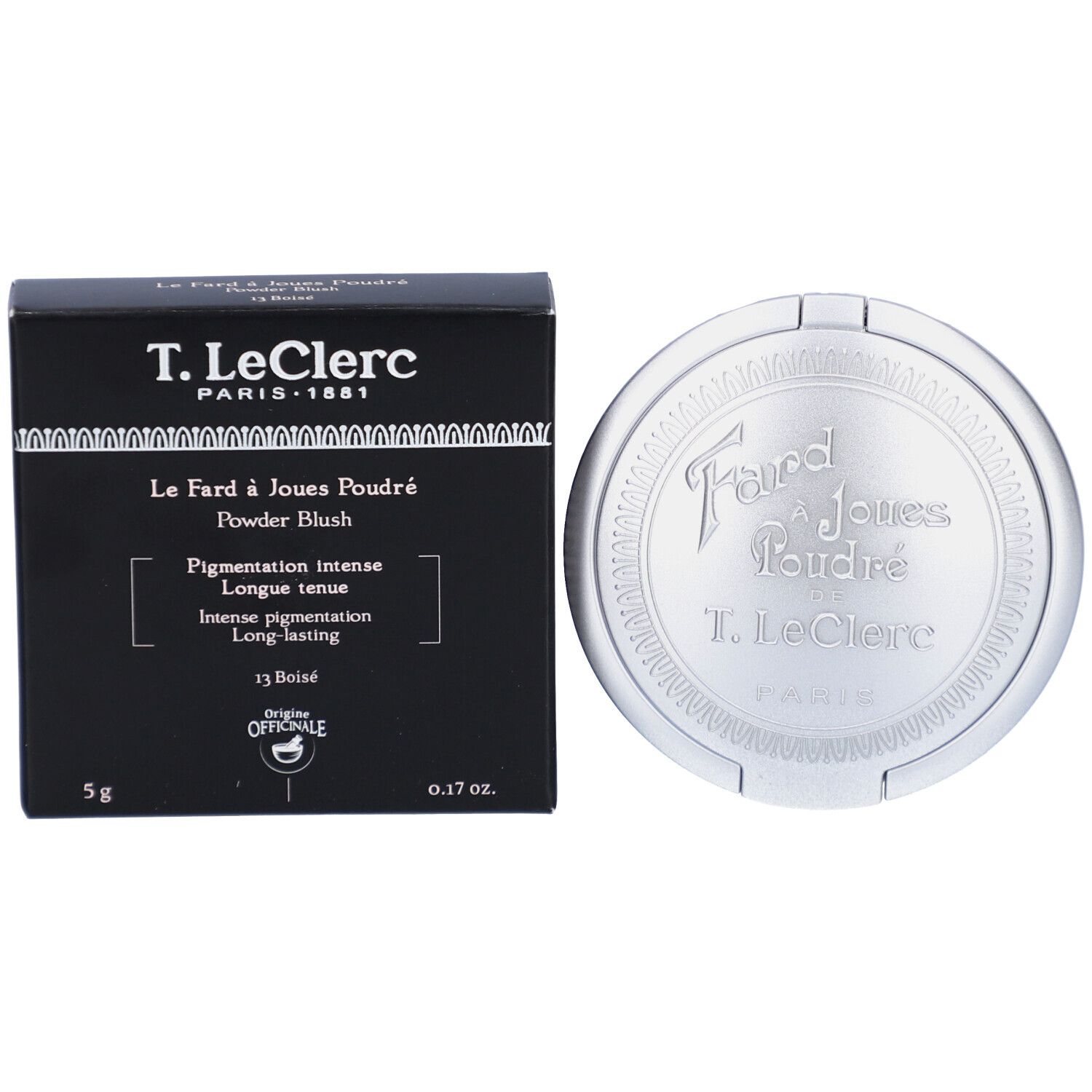 Schwarze Verpackung und silberfarbener Kosmetikbehälter. Aufschrift: T. LeClerc Paris. Produktname und Details.