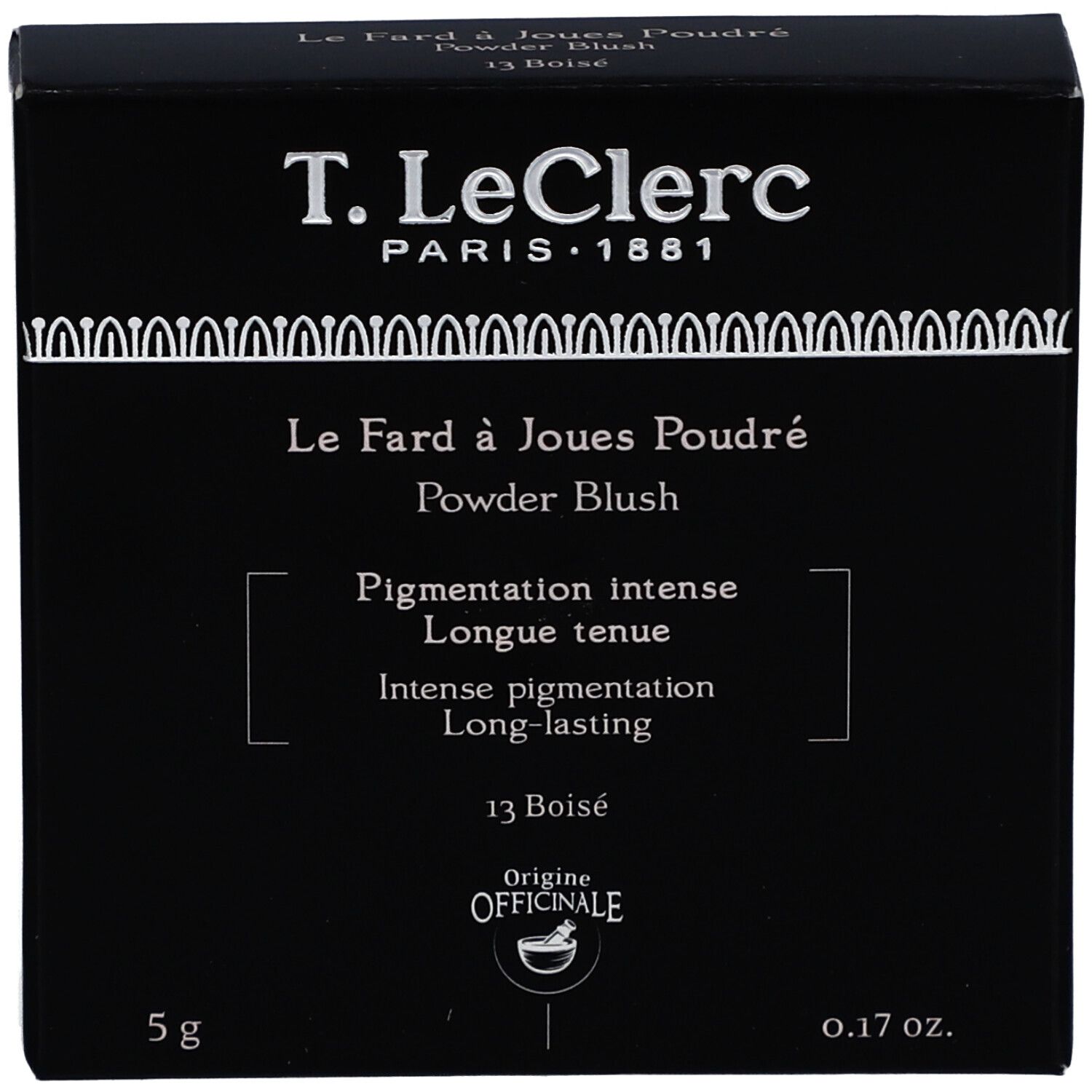 Schwarze Verpackung. Aufschrift: T. LeClerc Paris. Produktname: Powder Blush. Details: Pigmentation intense, Longue tenue.