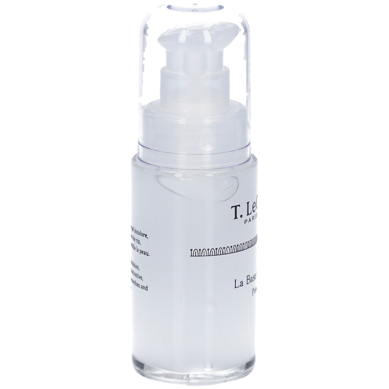 Transparente Flasche mit Pumpe. Aufschrift: T. LeClerc, La Base de Teint Primer.