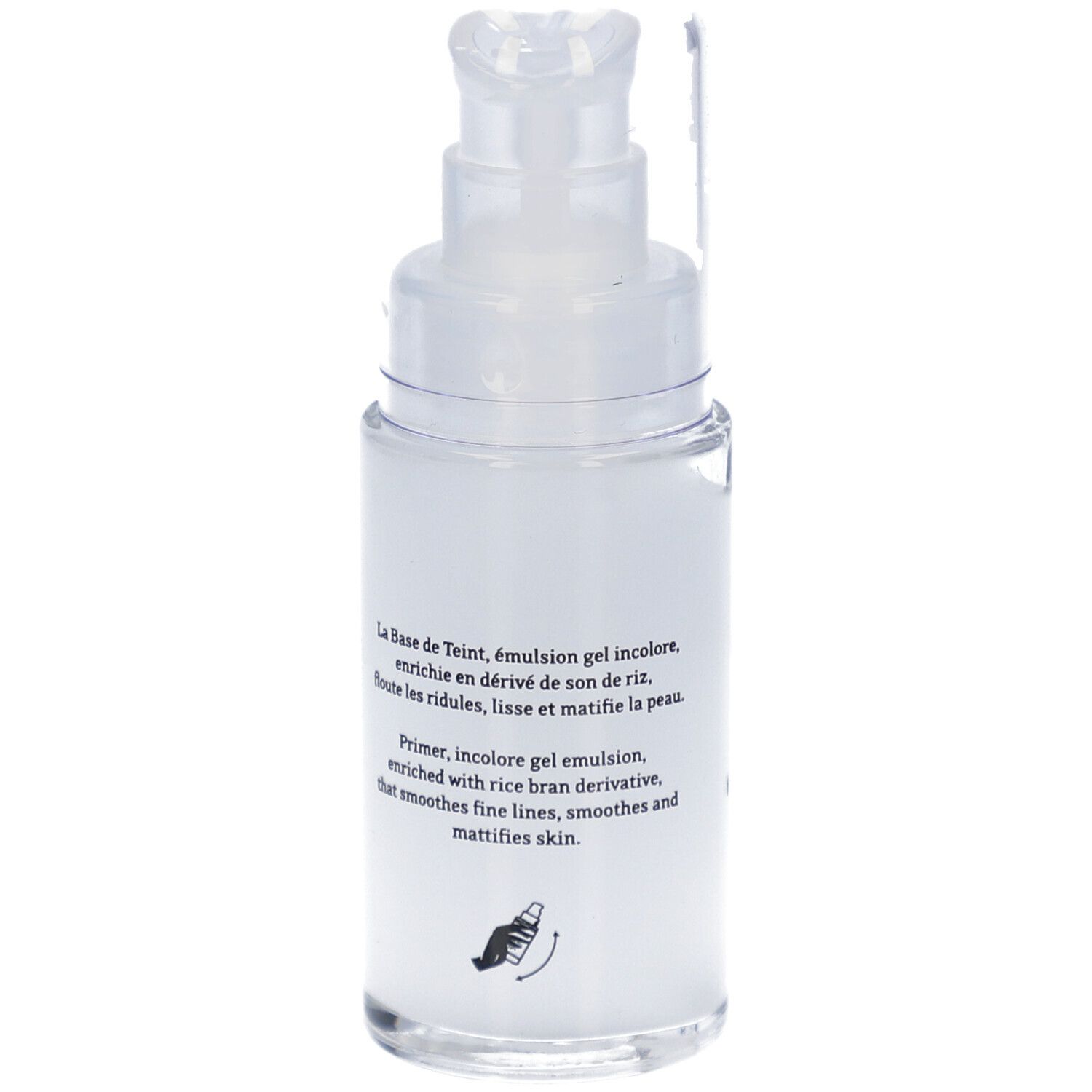 Transparente Flasche mit Pumpe. Text: La Base de Teint, Primer. Inhaltsangaben.