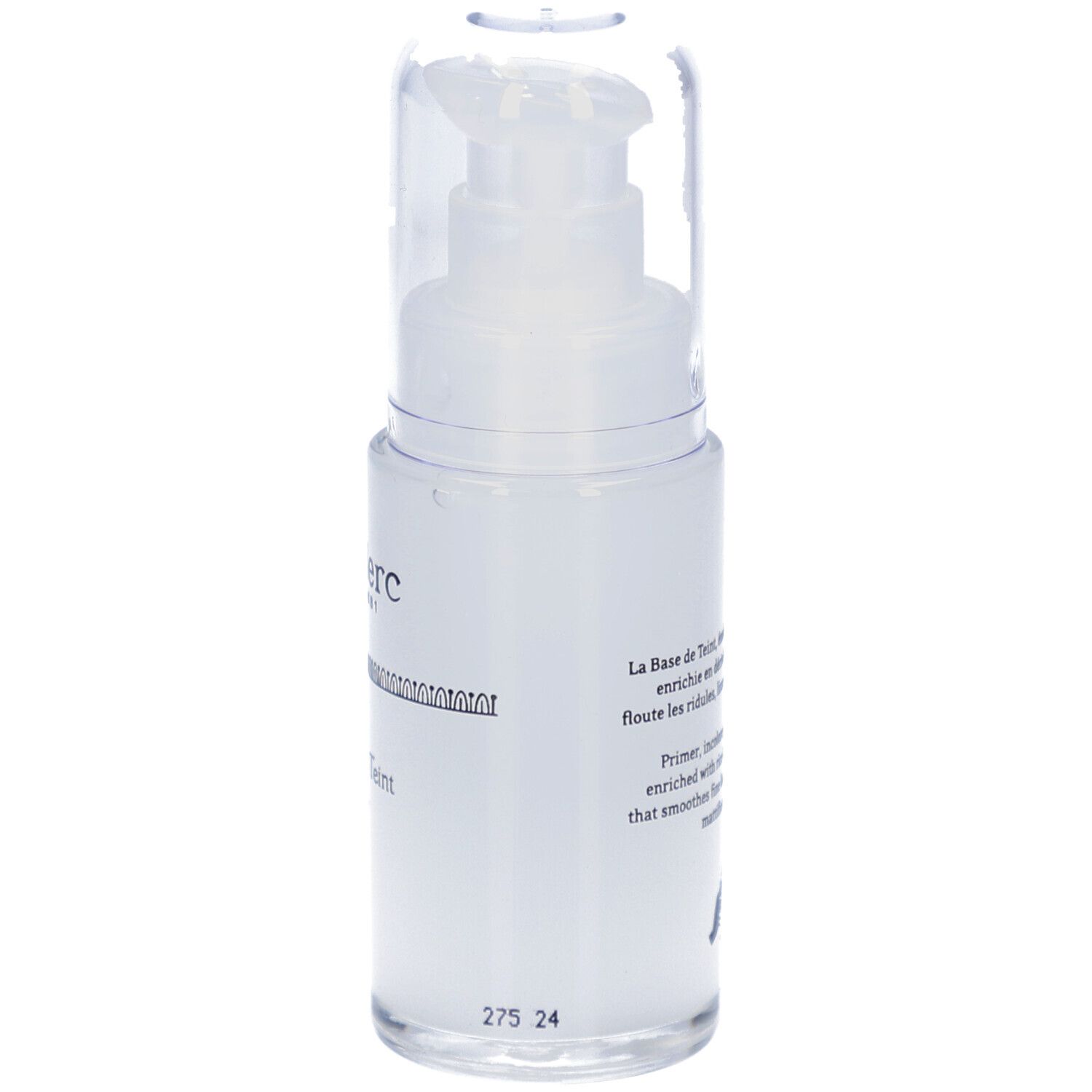 Transparente Flasche mit Pumpe. Aufschrift: T. LeClerc, La Base de Teint Primer. Nummer 275 24.