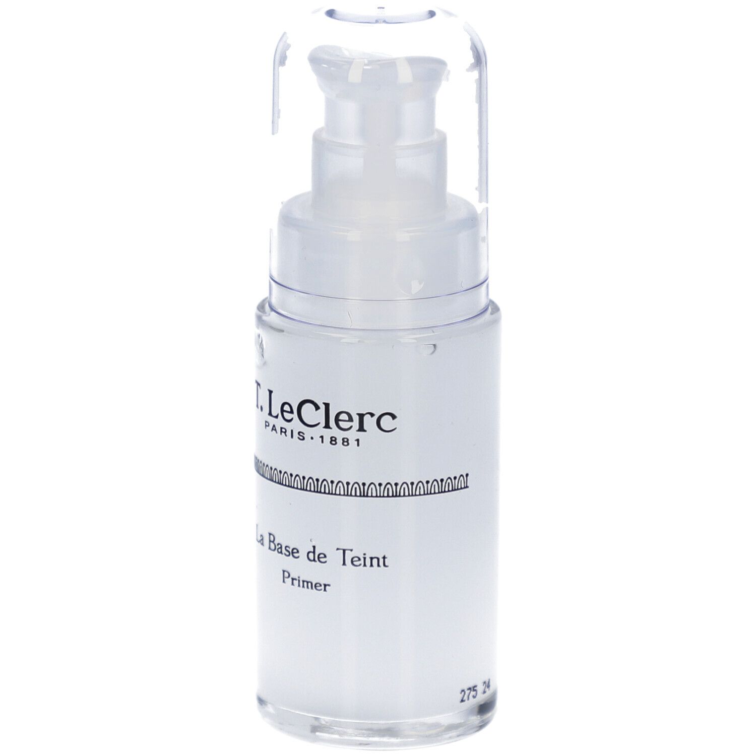 Transparente Flasche mit Pumpe. Aufschrift: T. LeClerc, La Base de Teint Primer. Nummer 275 24.
