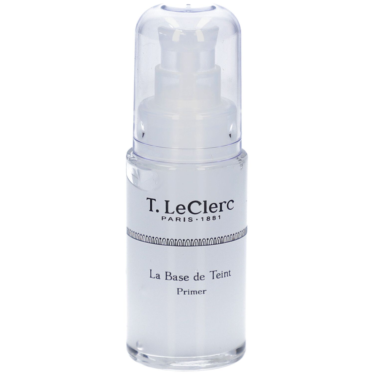 Transparente Flasche mit Pumpe. Aufschrift: T. LeClerc, La Base de Teint Primer.