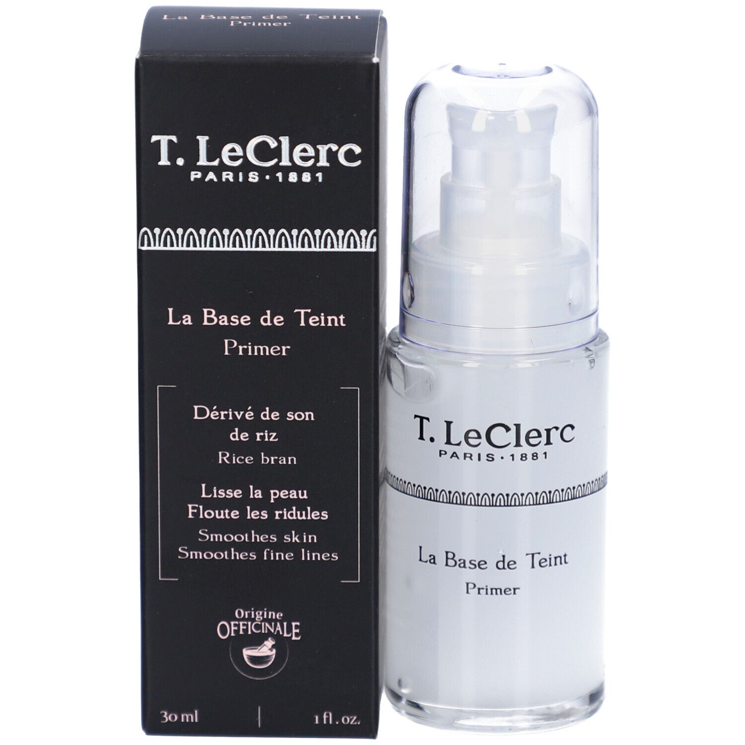 Produktflasche und schwarze Schachtel. Aufschrift: T. LeClerc, La Base de Teint Primer. 30 ml.