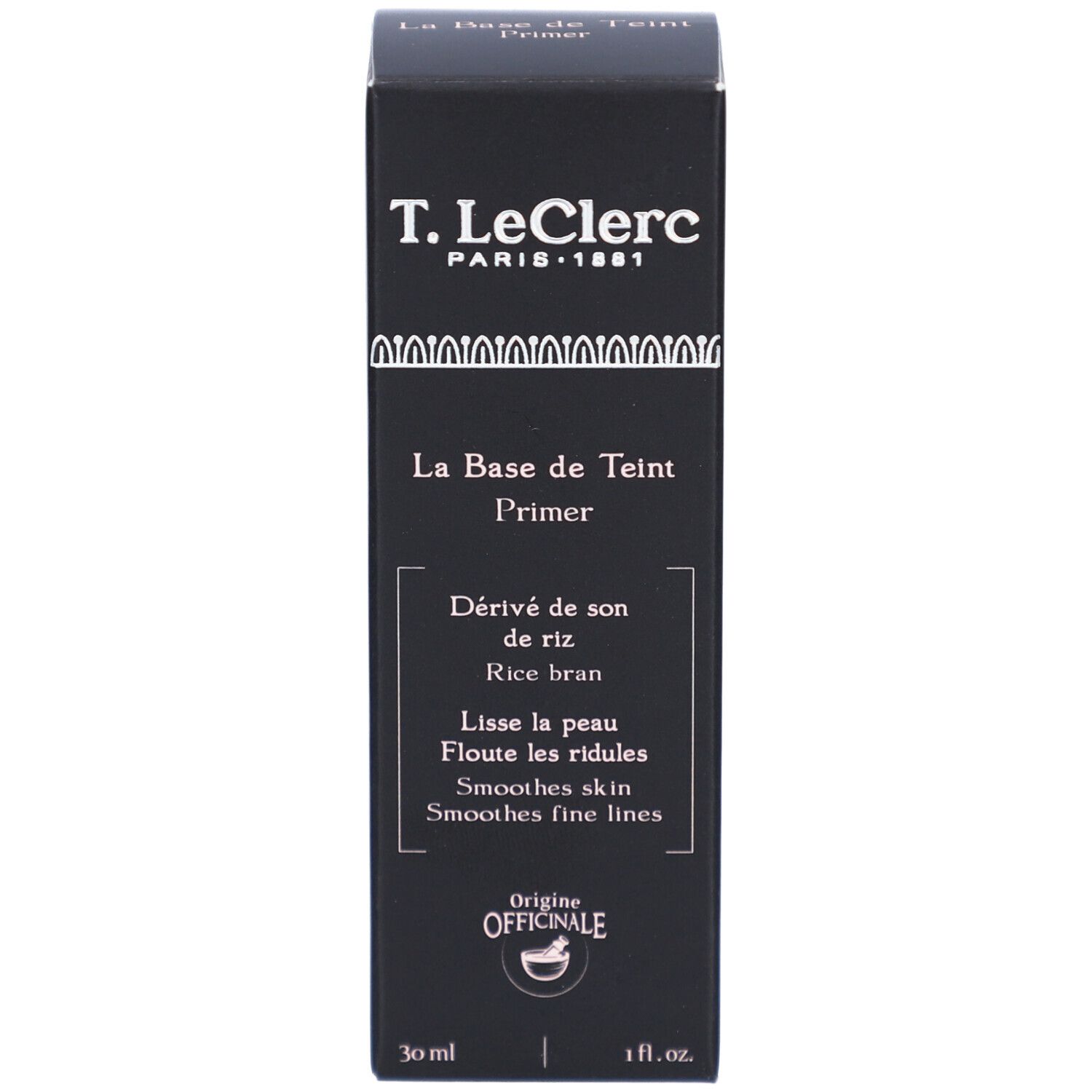 Schwarze Schachtel. Aufschrift: T. LeClerc, La Base de Teint Primer. 30 ml.