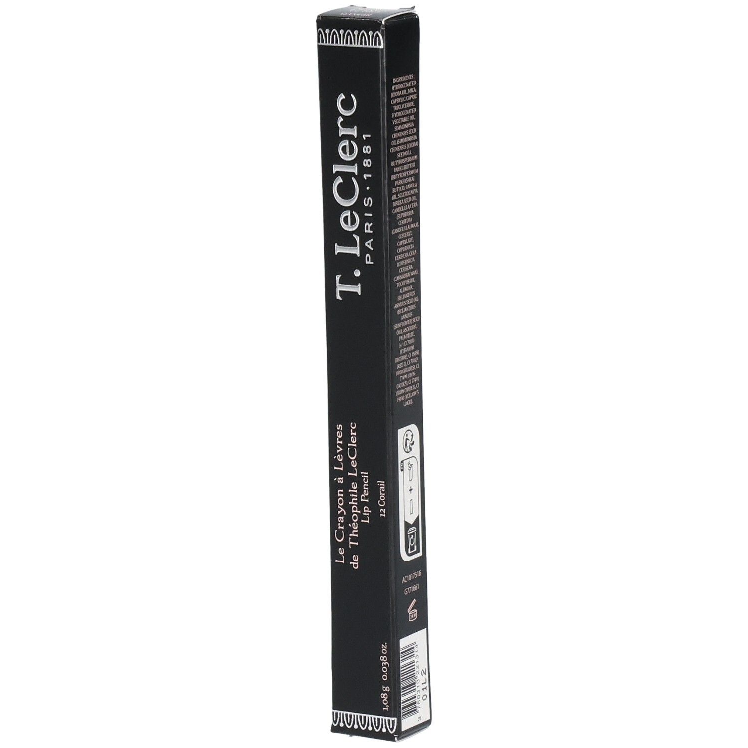 Schwarze Verpackung mit Produktnamen und -details. T. LeClerc Lip Pencil, Coral. 0,98g. Mit Logo und Text.